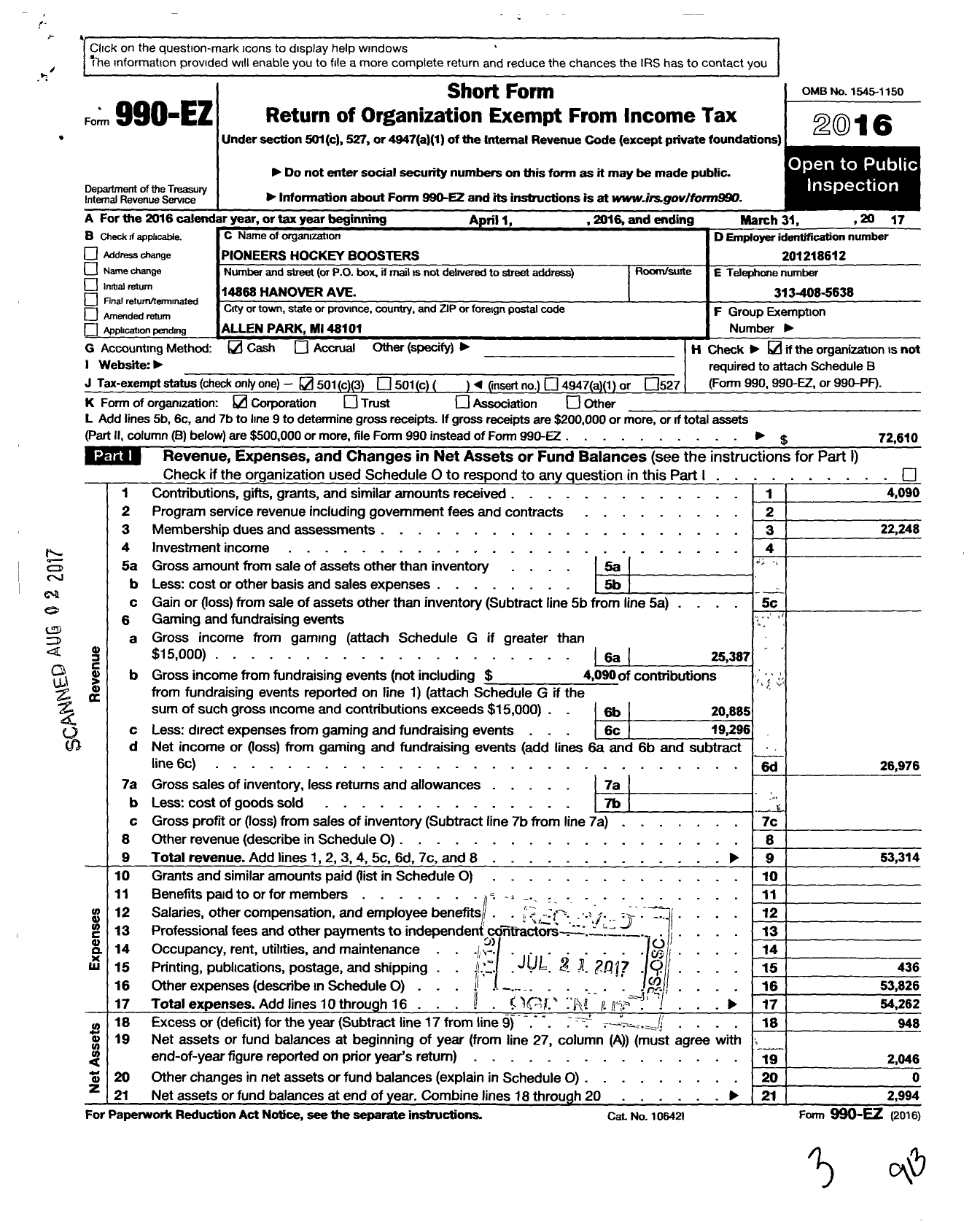 Image of first page of 2016 Form 990EZ for Pioneers Hockey Boosters