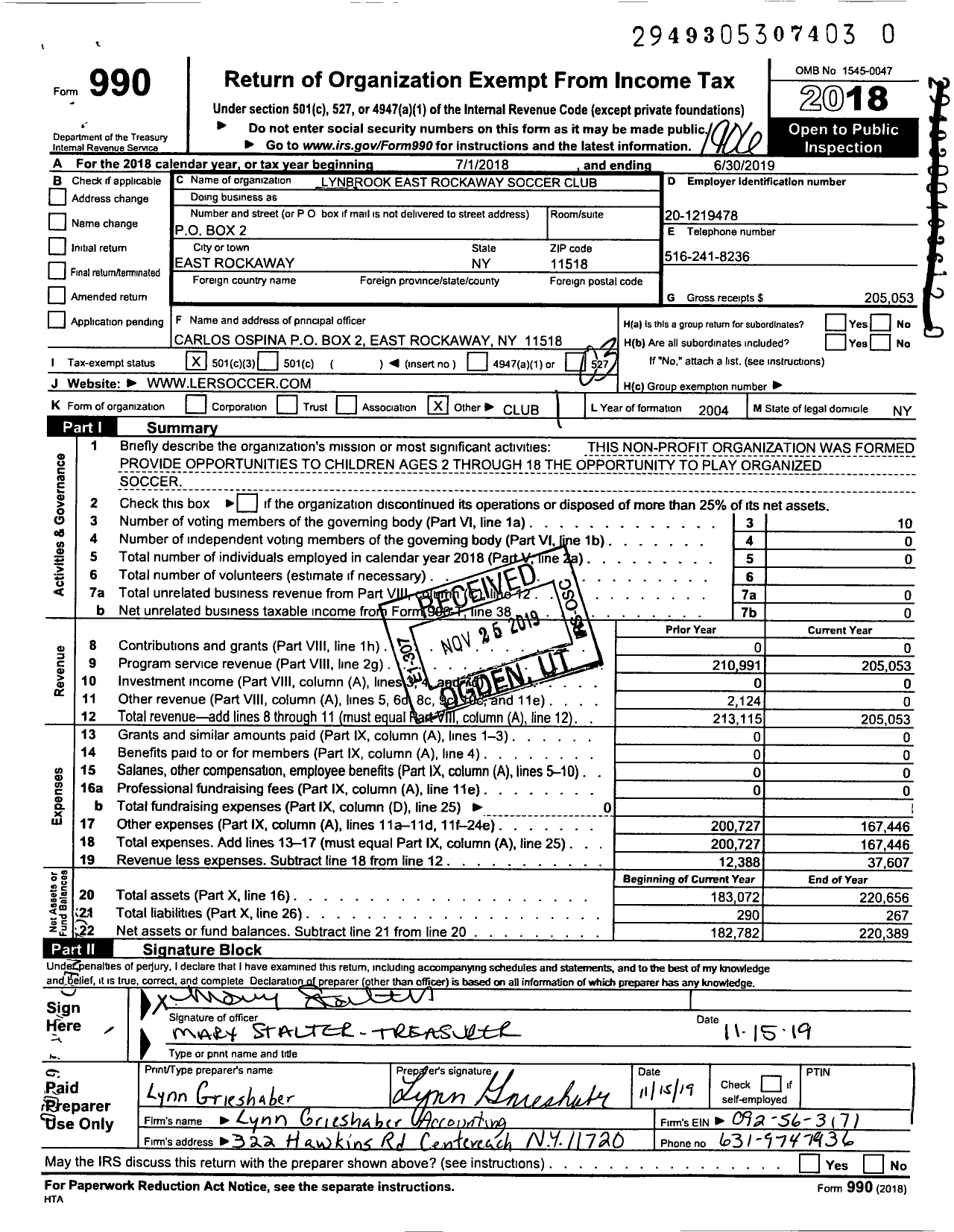 Image of first page of 2018 Form 990 for Lynbrook East Rockaway Soccer Club