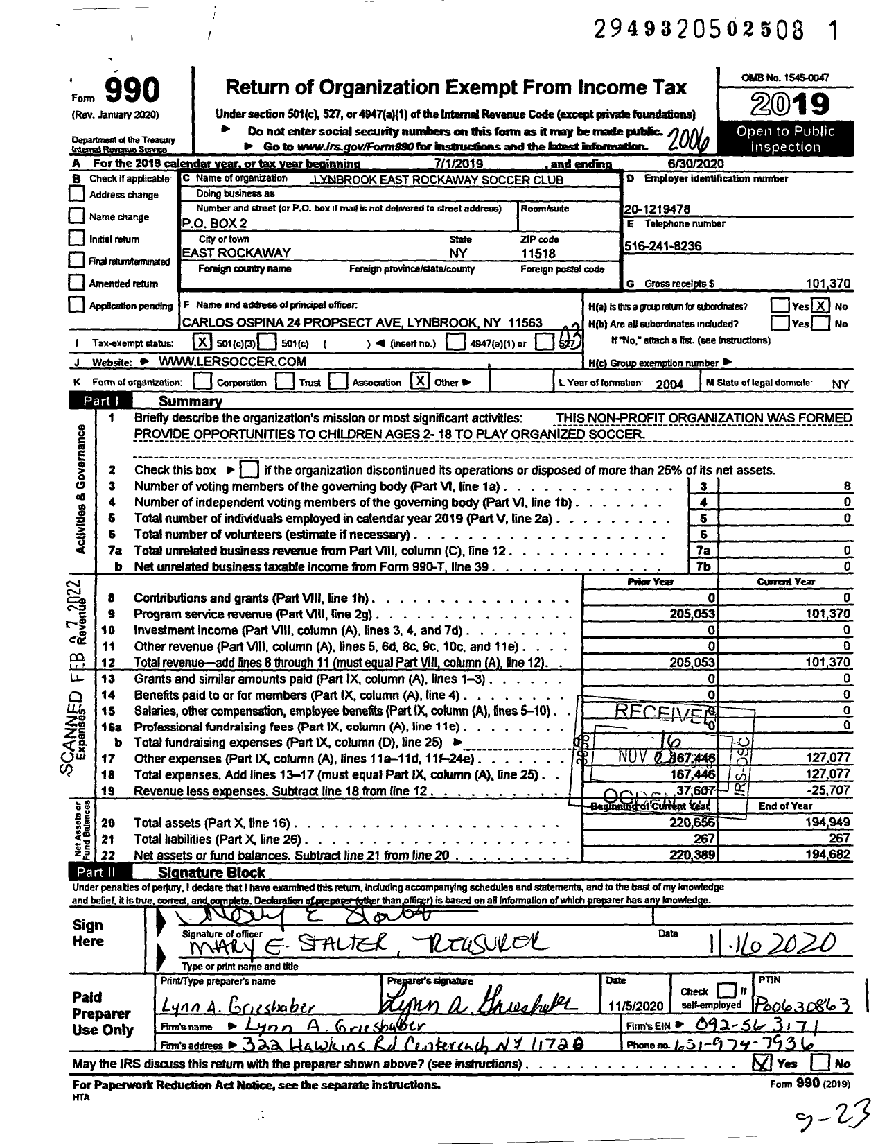 Image of first page of 2019 Form 990 for Lynbrook East Rockaway Soccer Club