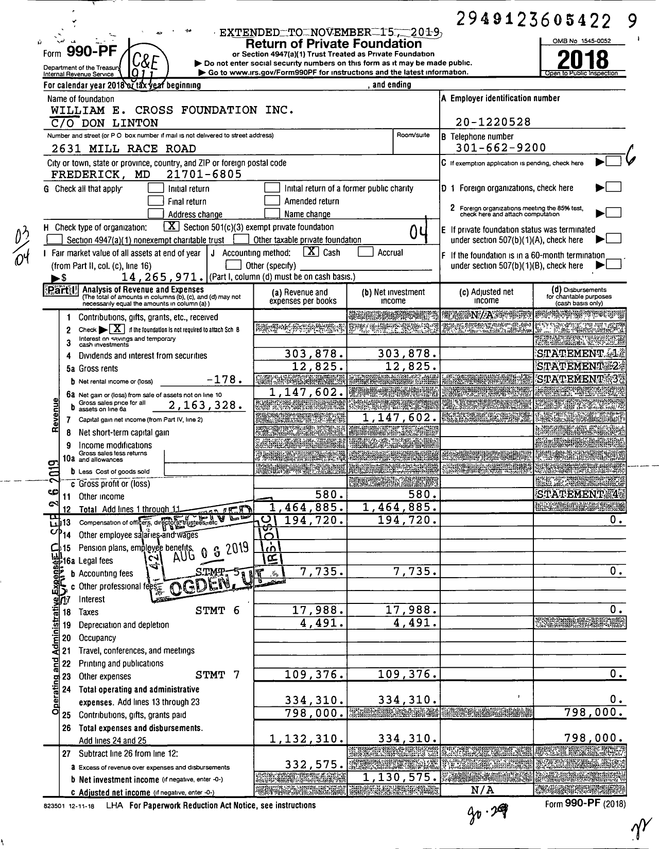 Image of first page of 2018 Form 990PF for William E Cross Foundation