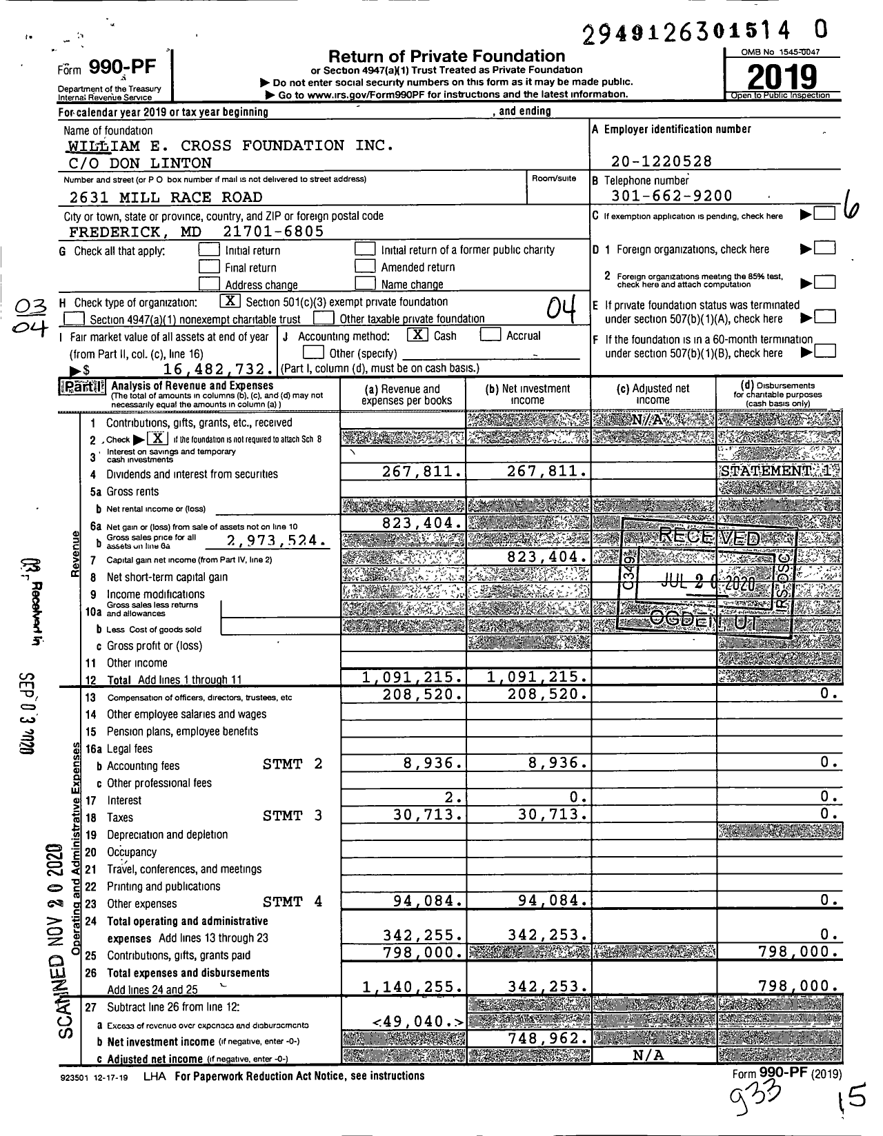 Image of first page of 2019 Form 990PF for William E Cross Foundation