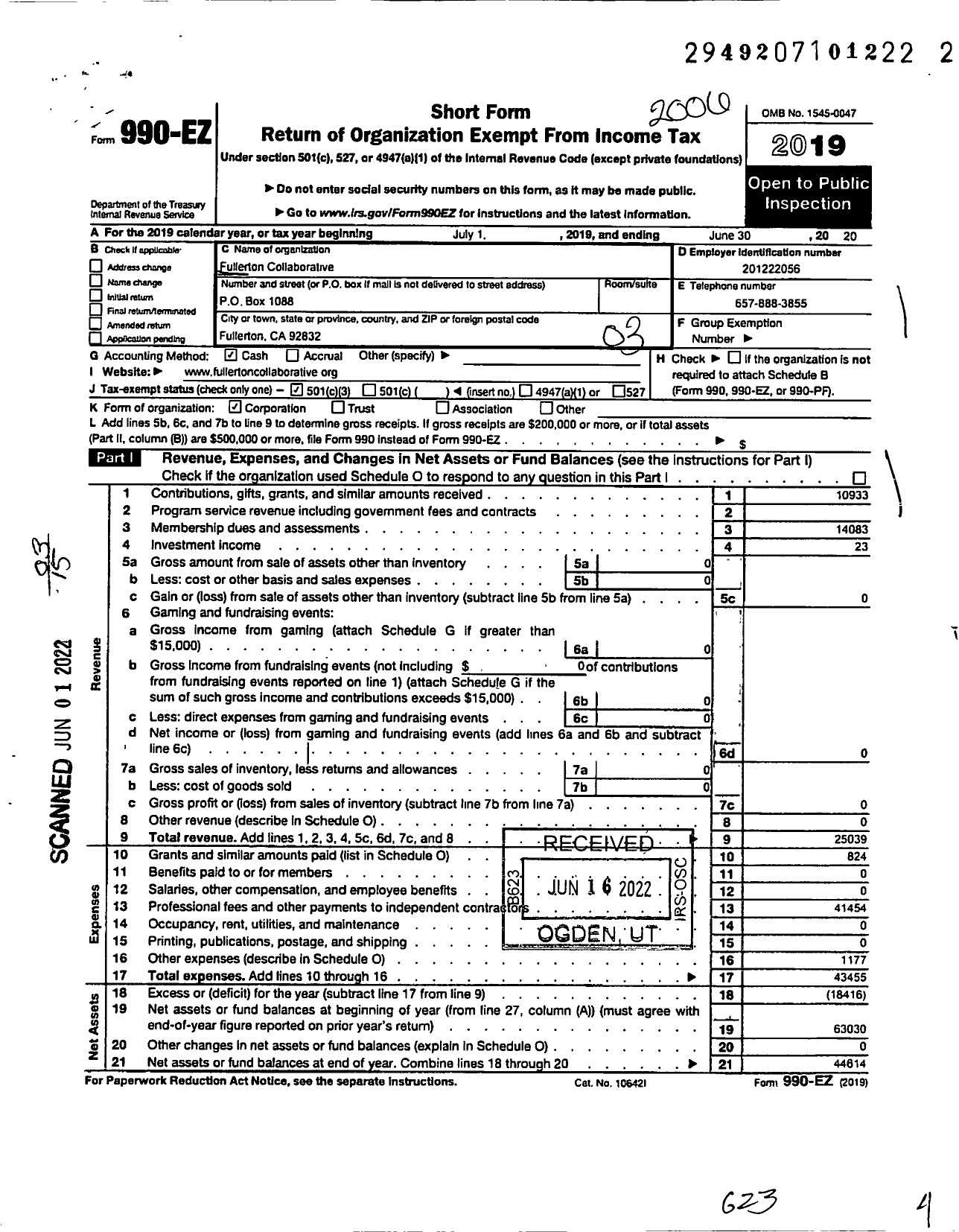 Image of first page of 2019 Form 990EZ for Fullerton Collaborative