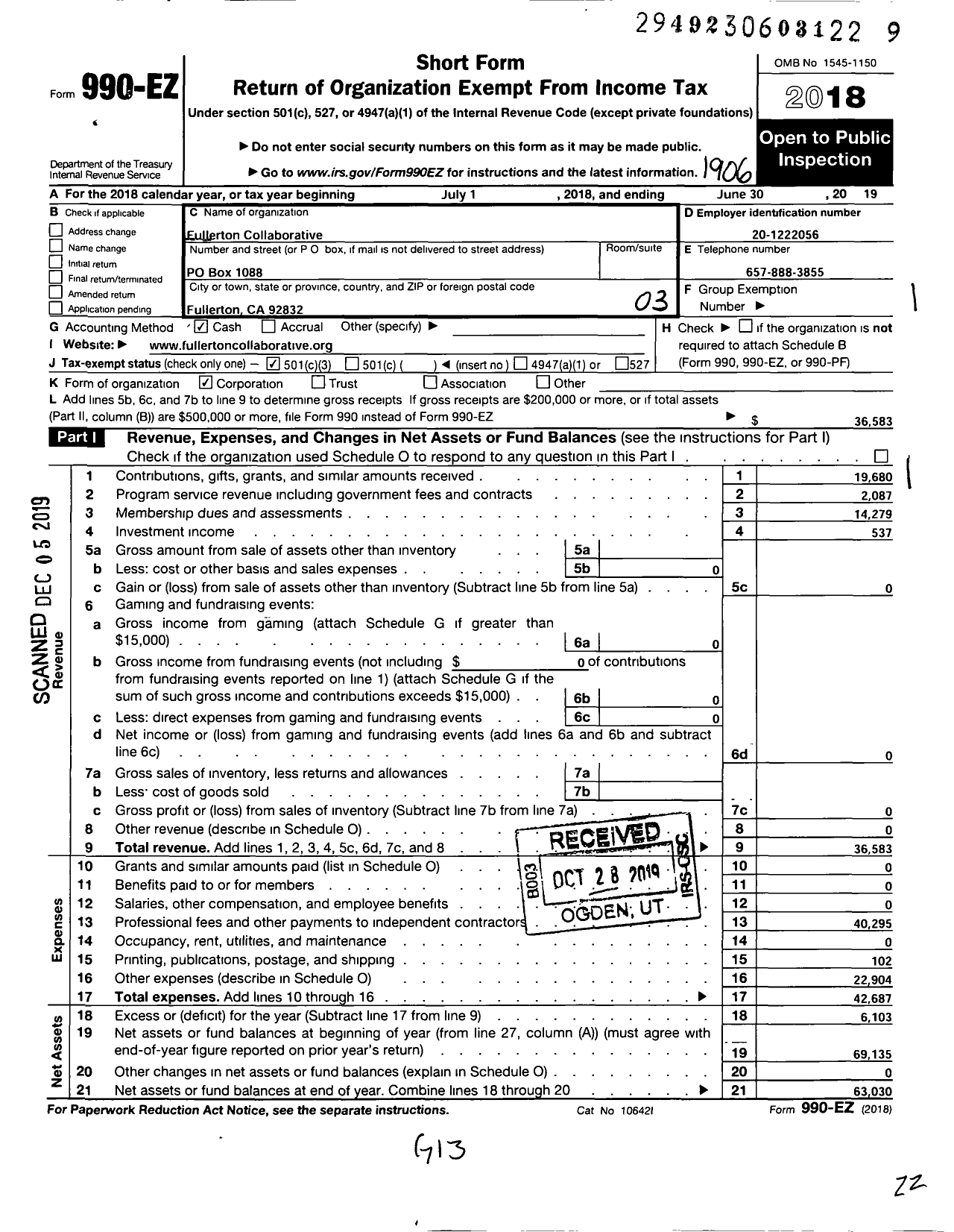 Image of first page of 2018 Form 990EZ for Fullerton Collaborative