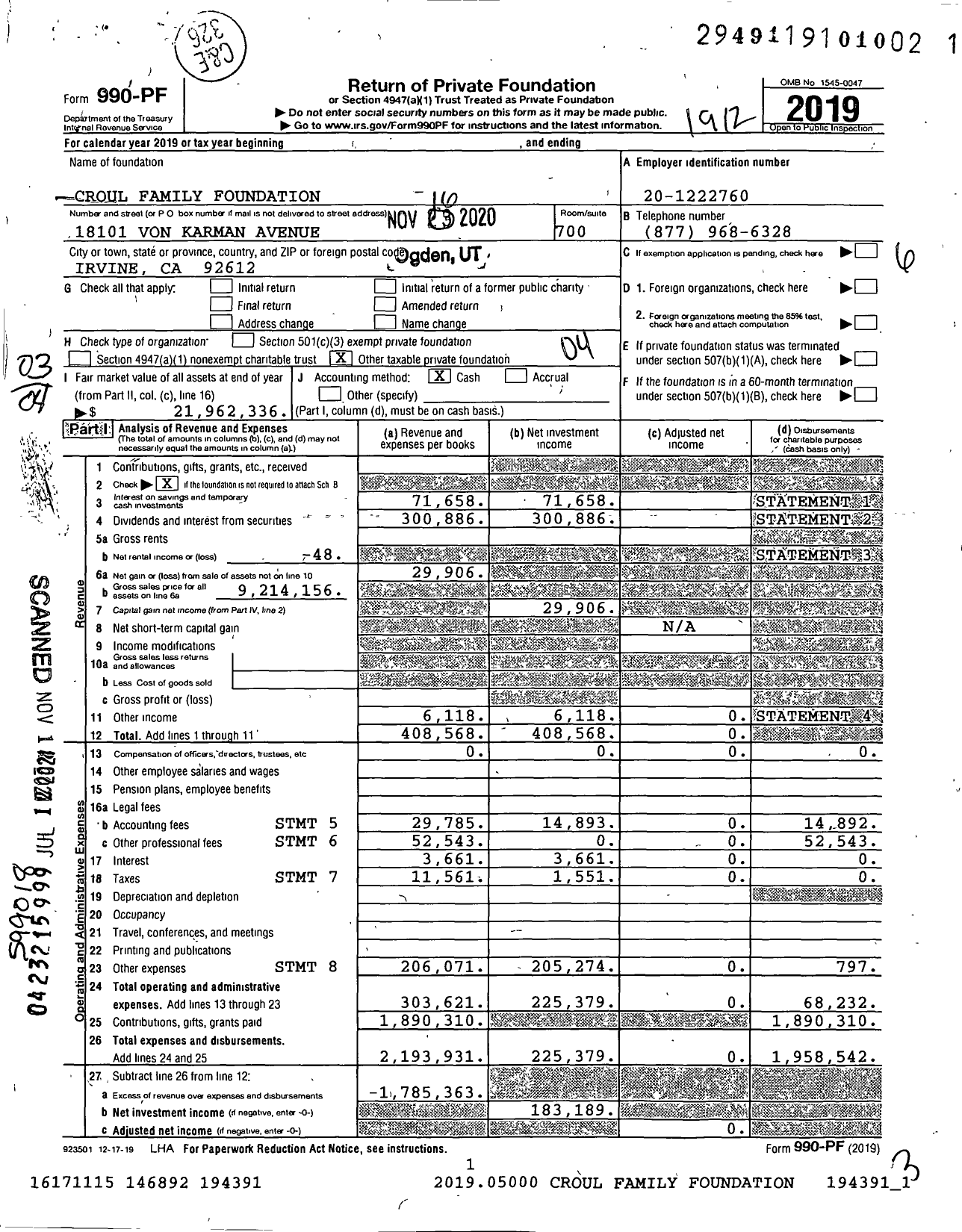 Image of first page of 2019 Form 990PF for Croul Family Foundation