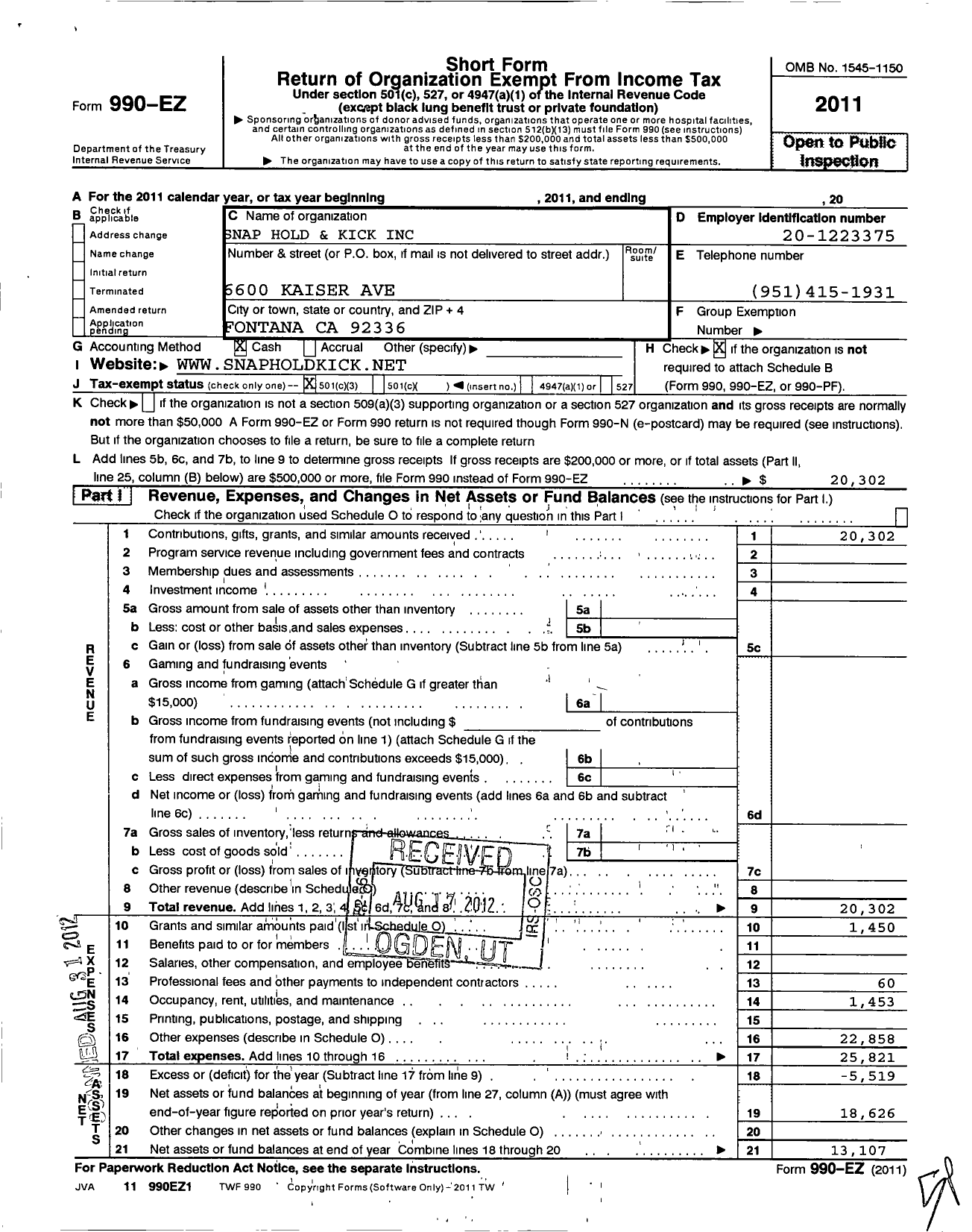Image of first page of 2011 Form 990EZ for Snap Hold Kick