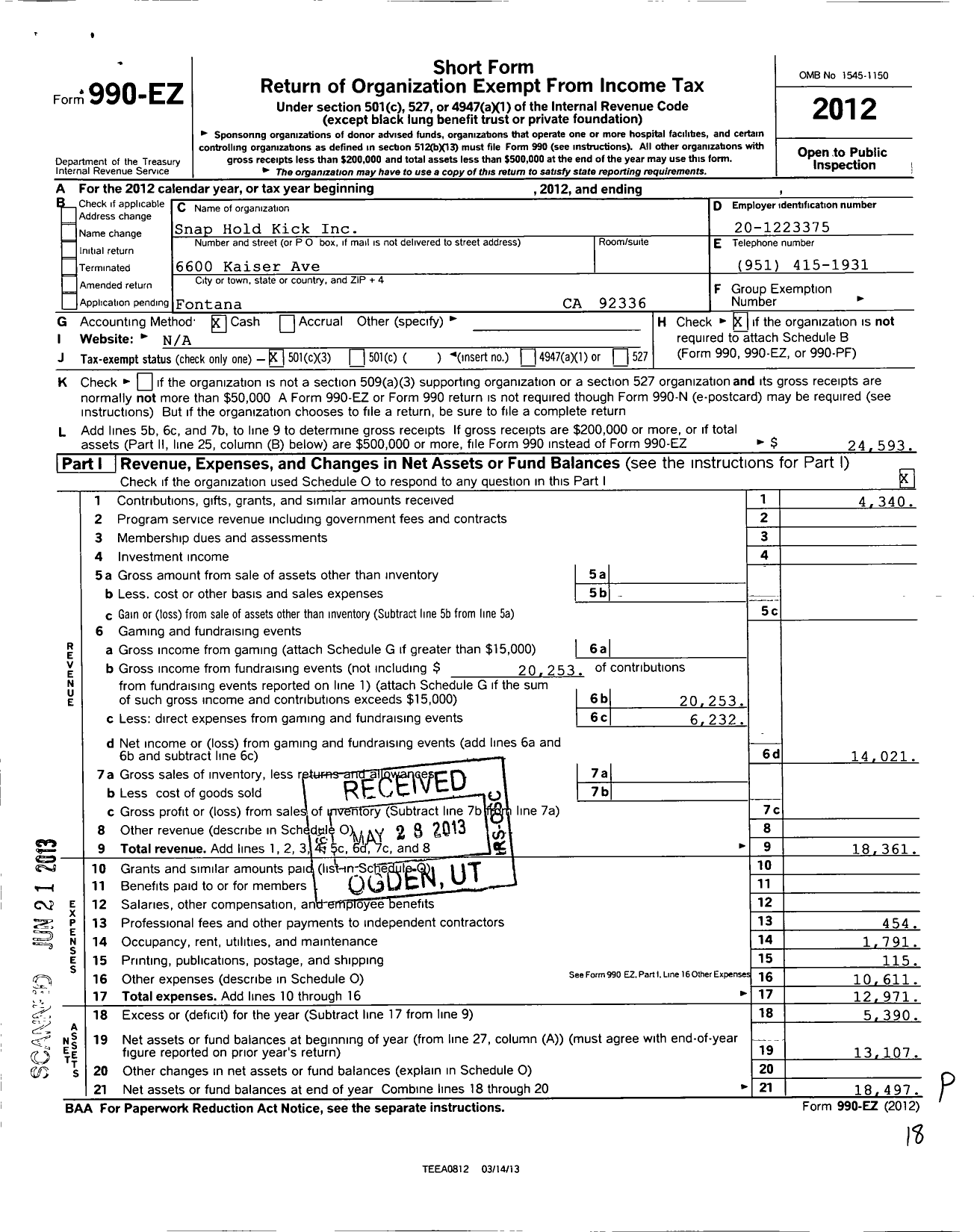Image of first page of 2012 Form 990EZ for Snap Hold Kick