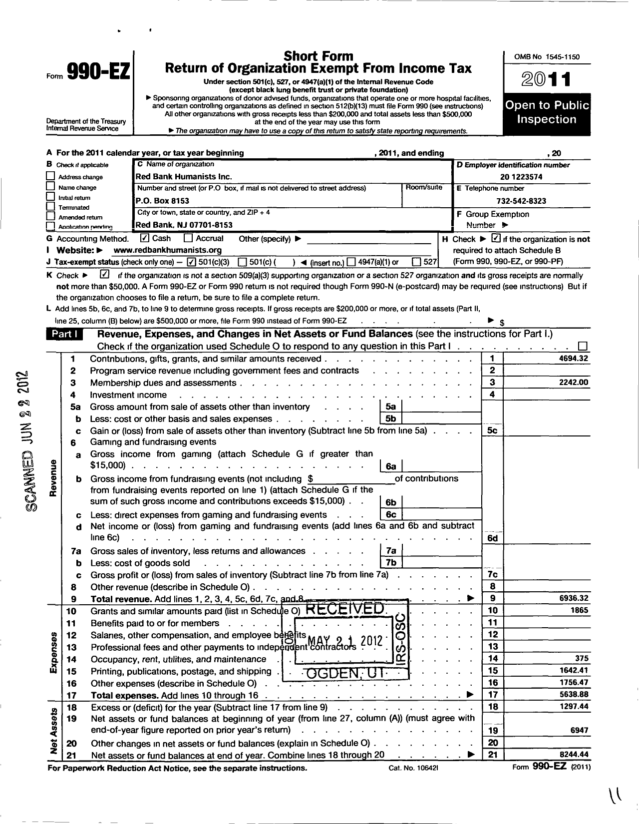 Image of first page of 2011 Form 990EZ for Red Bank Humanists