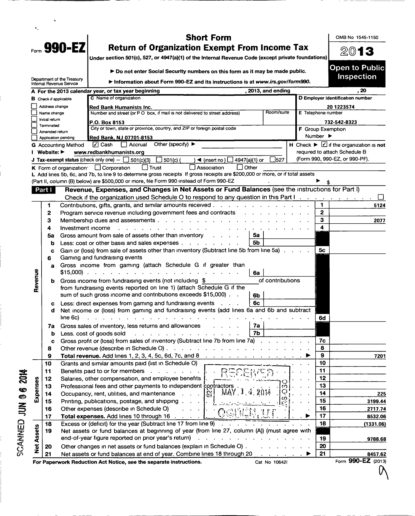 Image of first page of 2013 Form 990EO for Red Bank Humanists