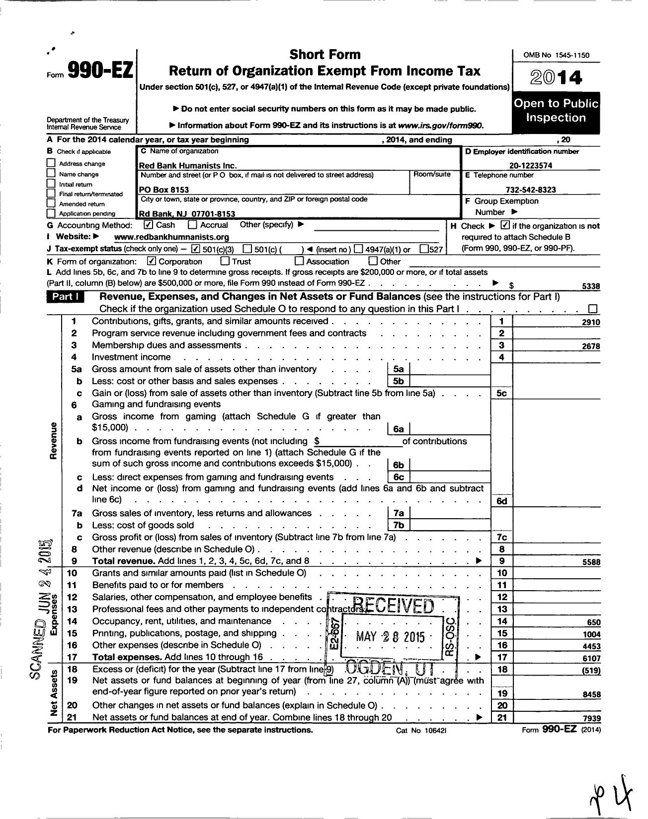 Image of first page of 2014 Form 990EZ for Red Bank Humanists