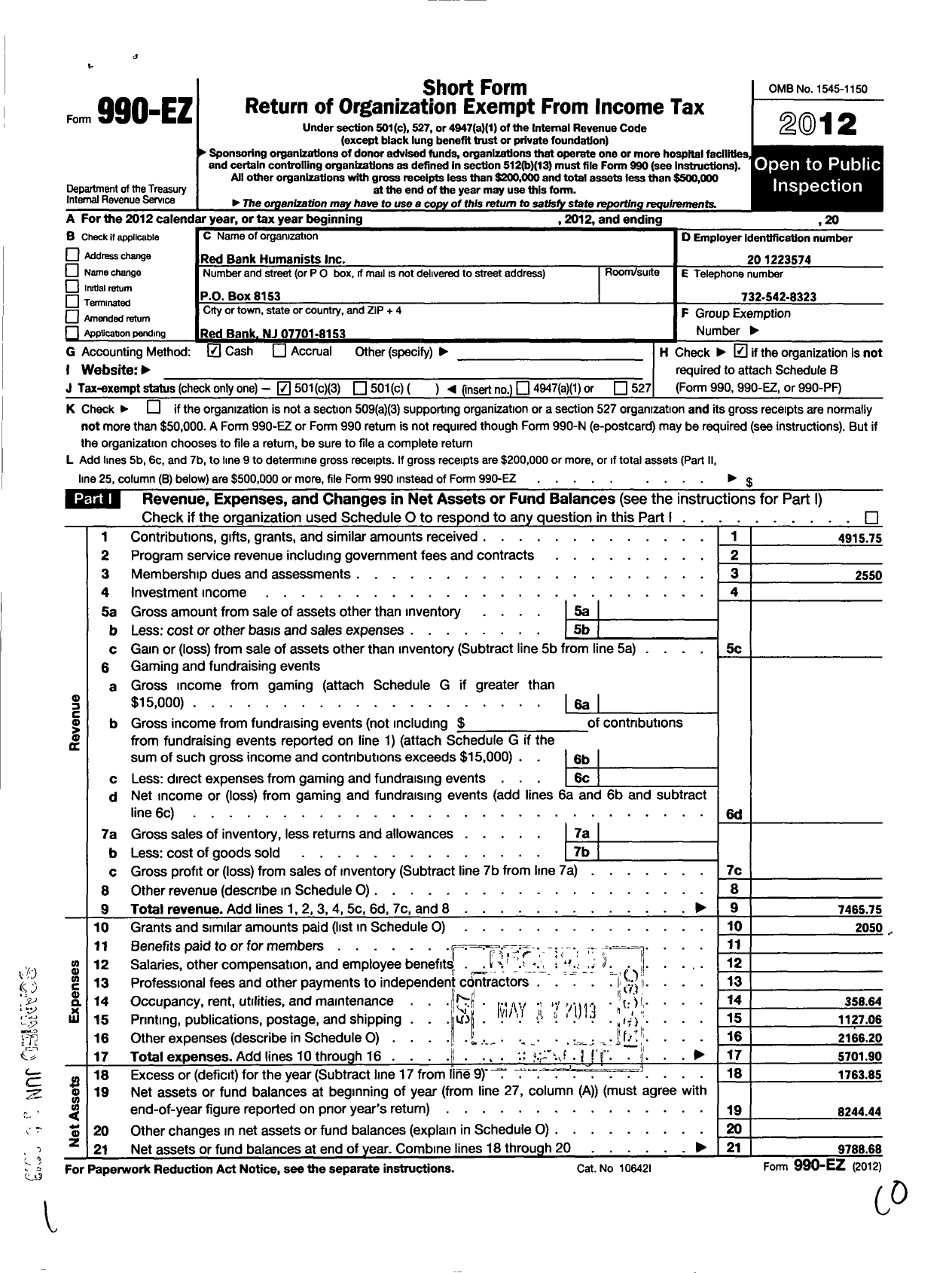 Image of first page of 2012 Form 990EZ for Red Bank Humanists