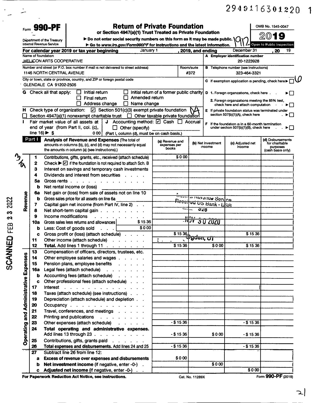 Image of first page of 2019 Form 990PF for Helicon Arts Cooperative