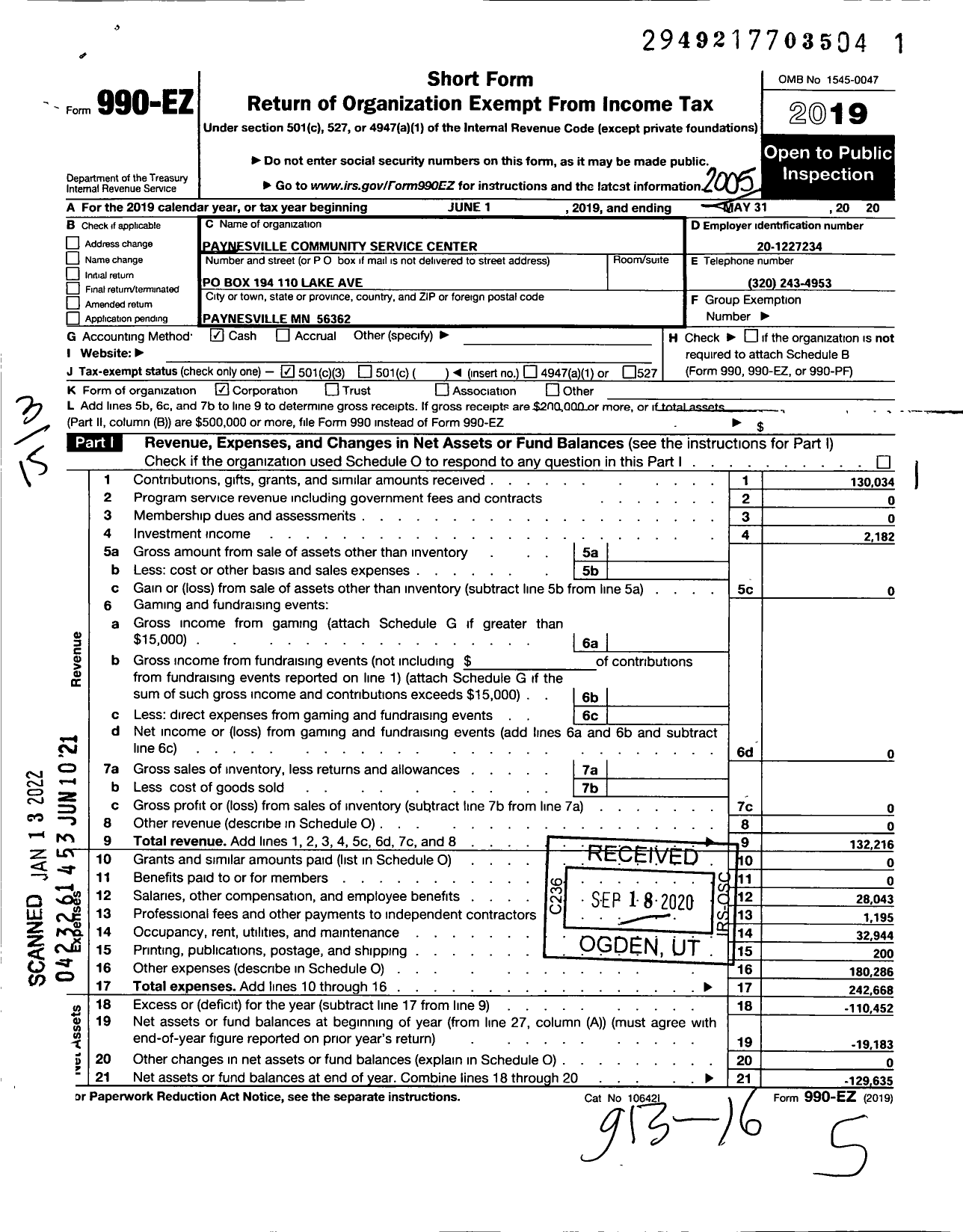 Image of first page of 2019 Form 990EZ for Paynesville Community Service Center