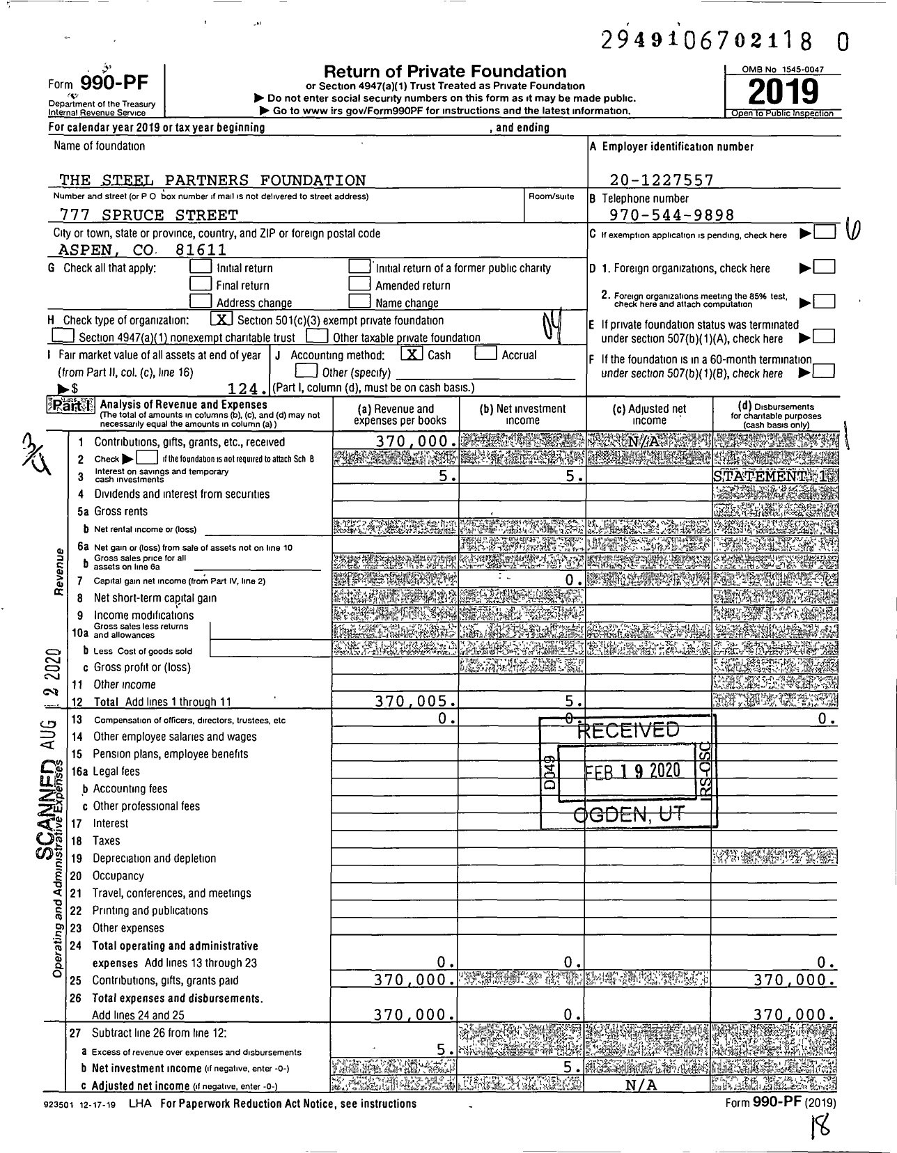 Image of first page of 2019 Form 990PR for The Steel Partners Foundation