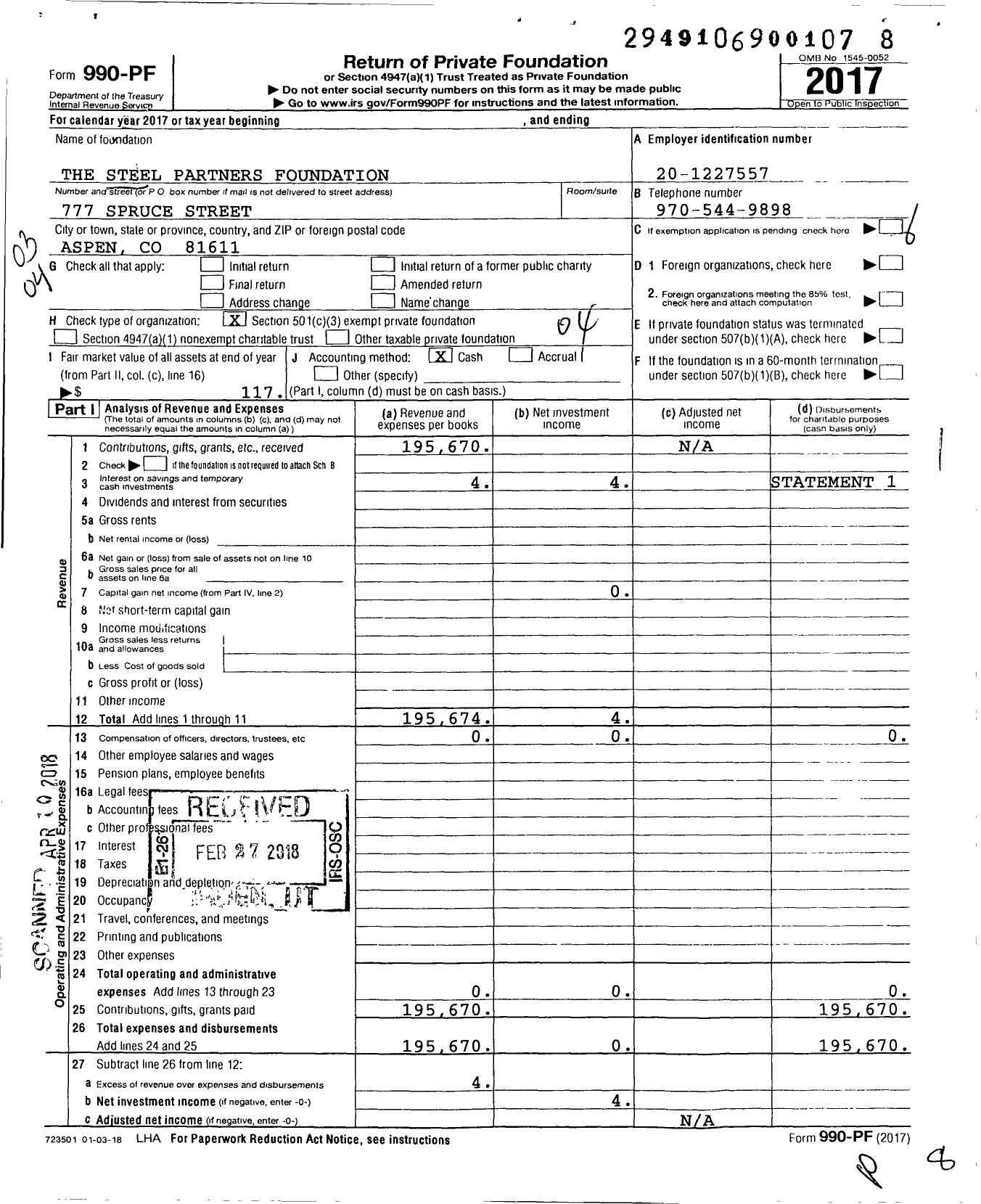 Image of first page of 2017 Form 990PF for The Steel Partners Foundation