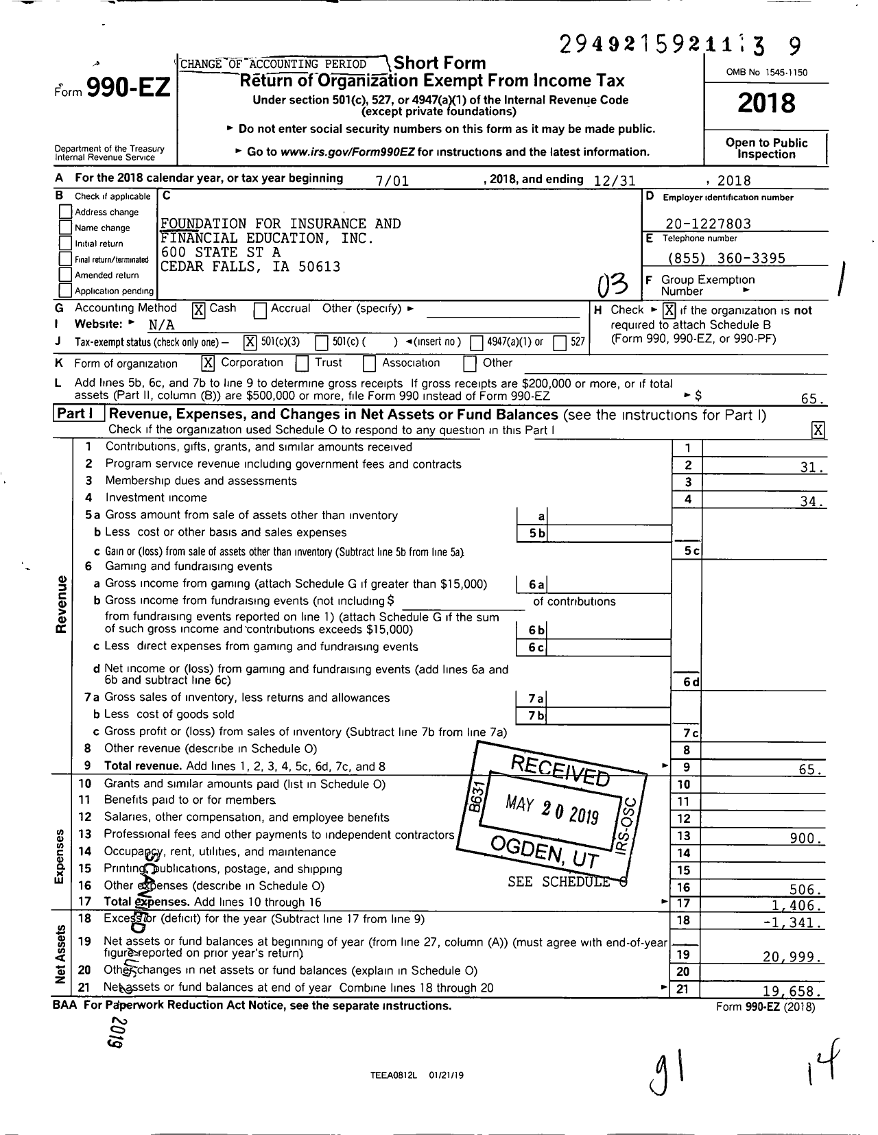 Image of first page of 2018 Form 990EZ for Foundation for Insurance and Financial Education