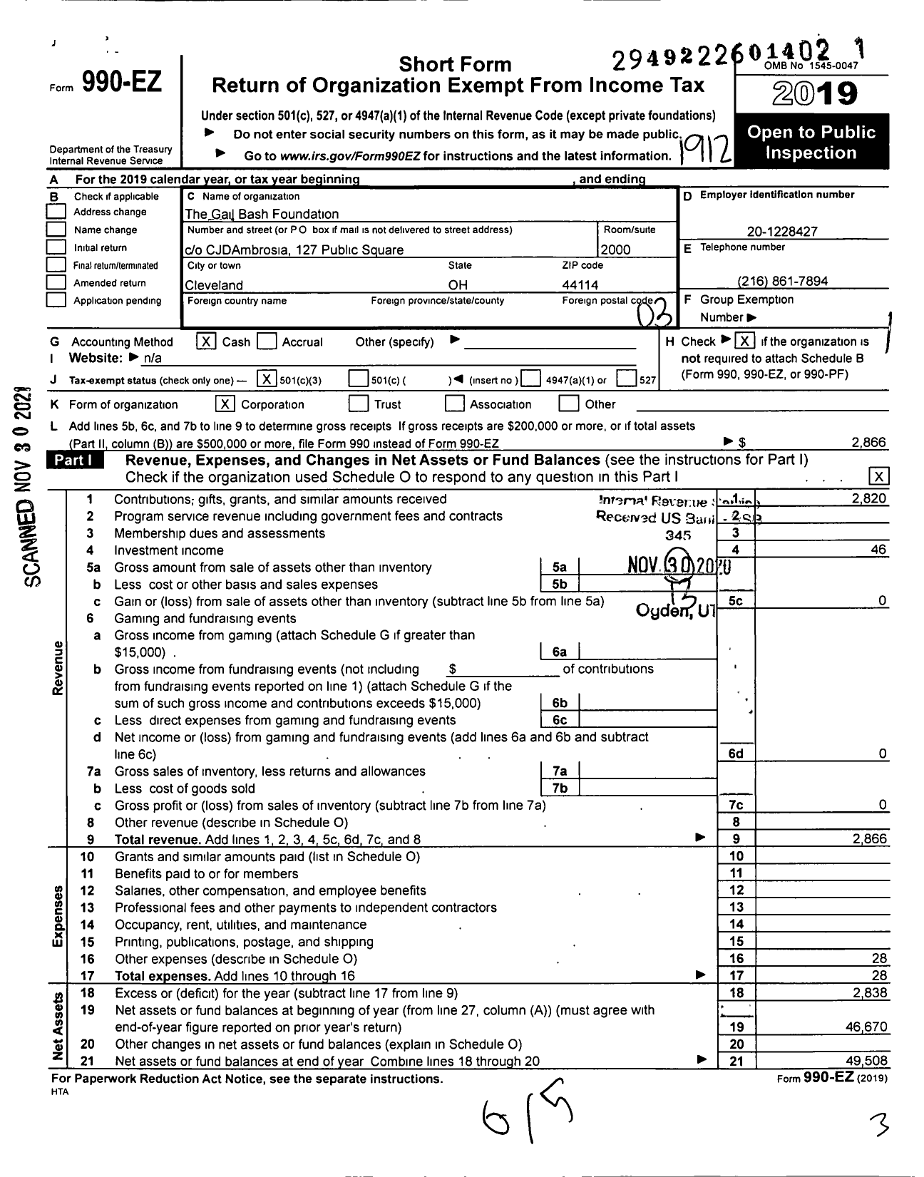 Image of first page of 2019 Form 990EZ for The Gail Bash Foundation