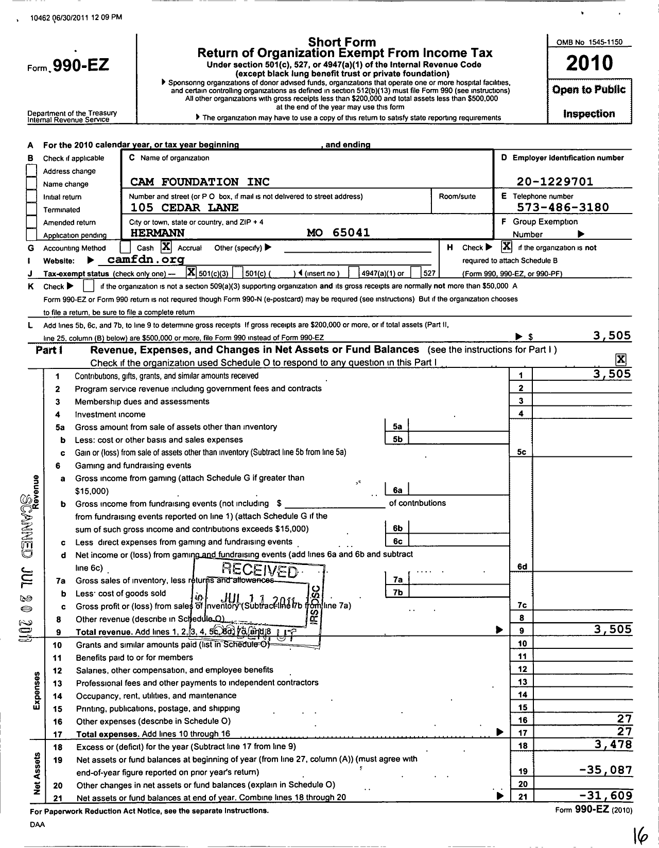 Image of first page of 2010 Form 990EZ for Cam Foundation