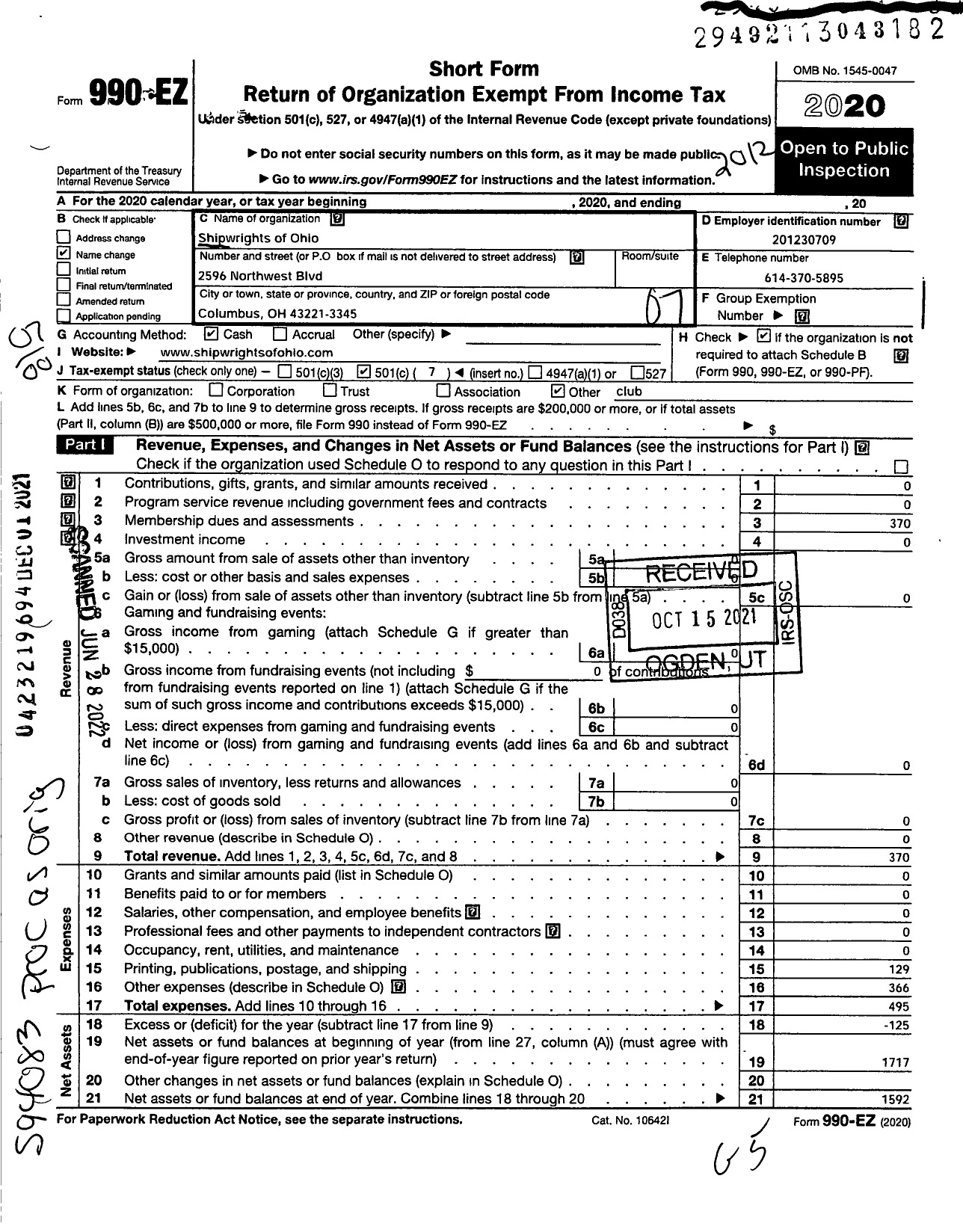 Image of first page of 2020 Form 990EO for Shipwrights of Central Ohio