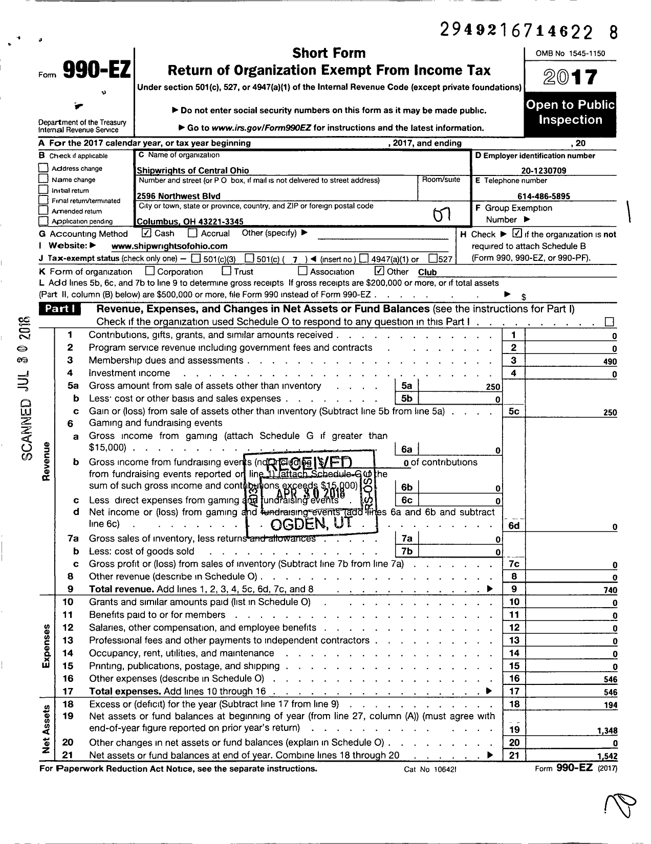 Image of first page of 2017 Form 990EO for Shipwrights of Central Ohio