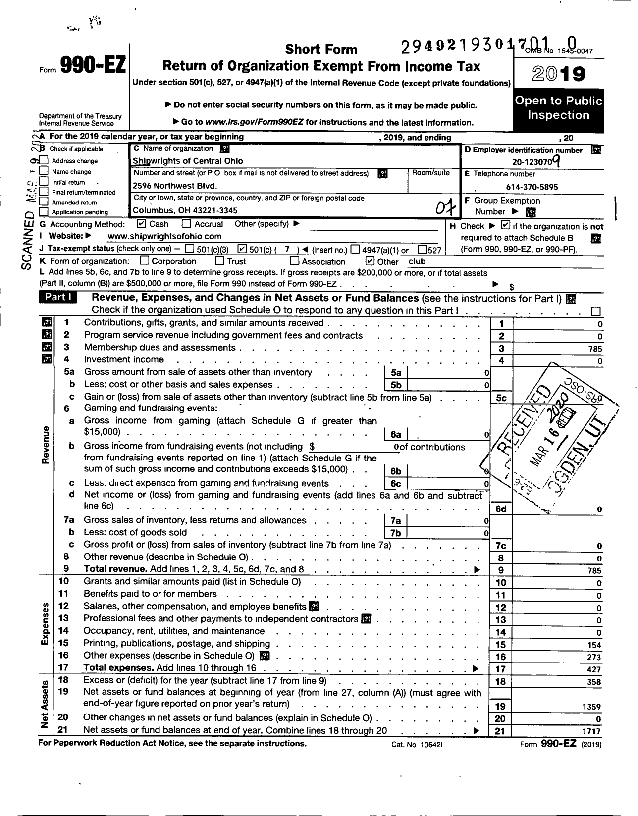 Image of first page of 2019 Form 990EO for Shipwrights of Central Ohio