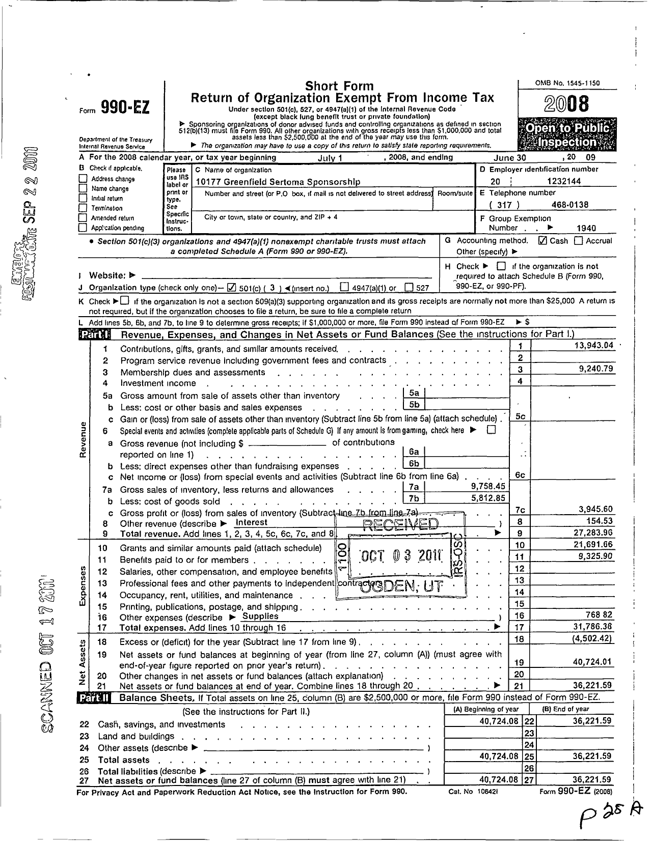 Image of first page of 2008 Form 990EZ for Sertoma - Greenfield Sertoma Club