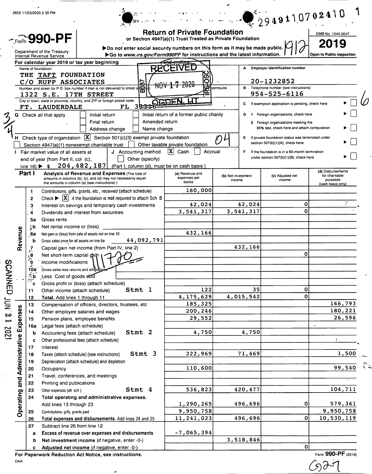 Image of first page of 2019 Form 990PF for The Taft Foundation