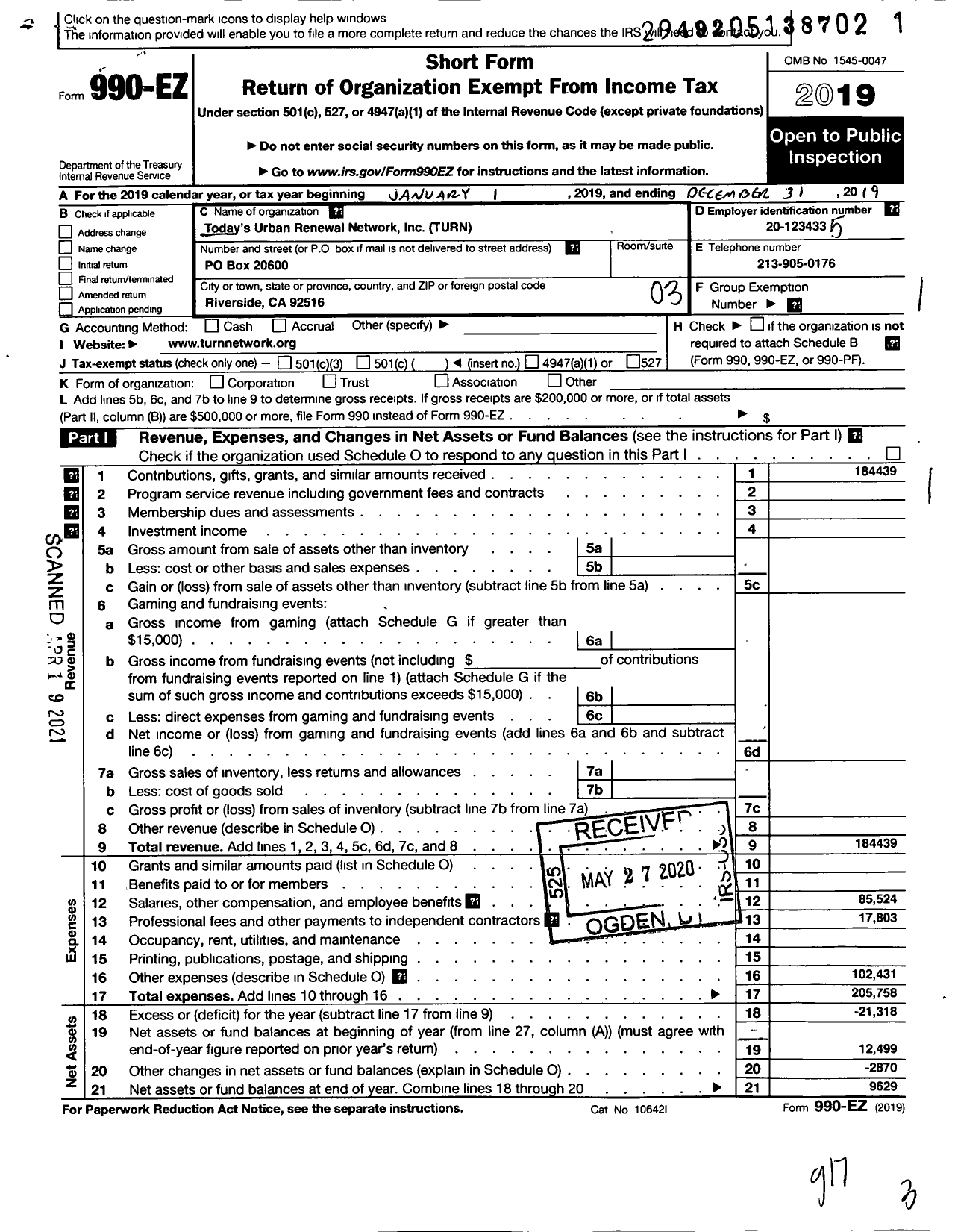 Image of first page of 2019 Form 990EZ for Todays Urban Renewal Network