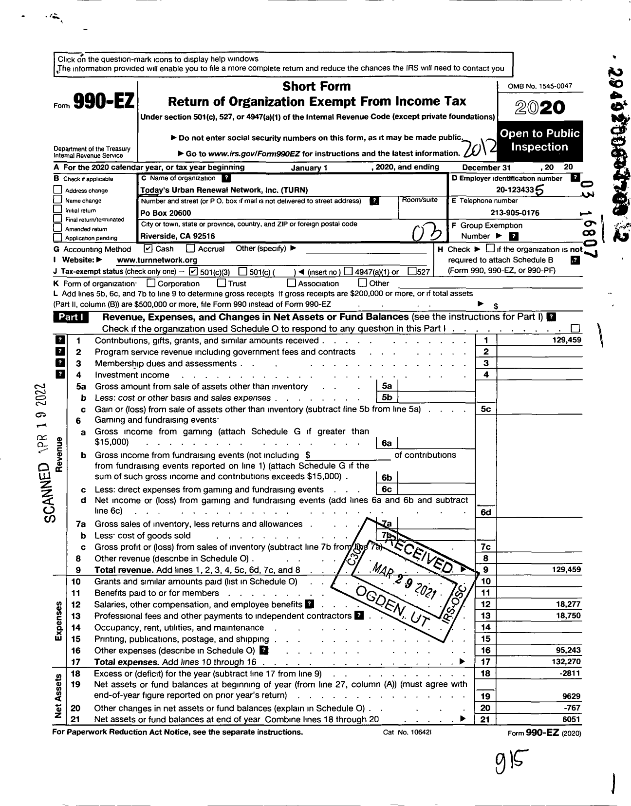 Image of first page of 2020 Form 990EZ for Todays Urban Renewal Network