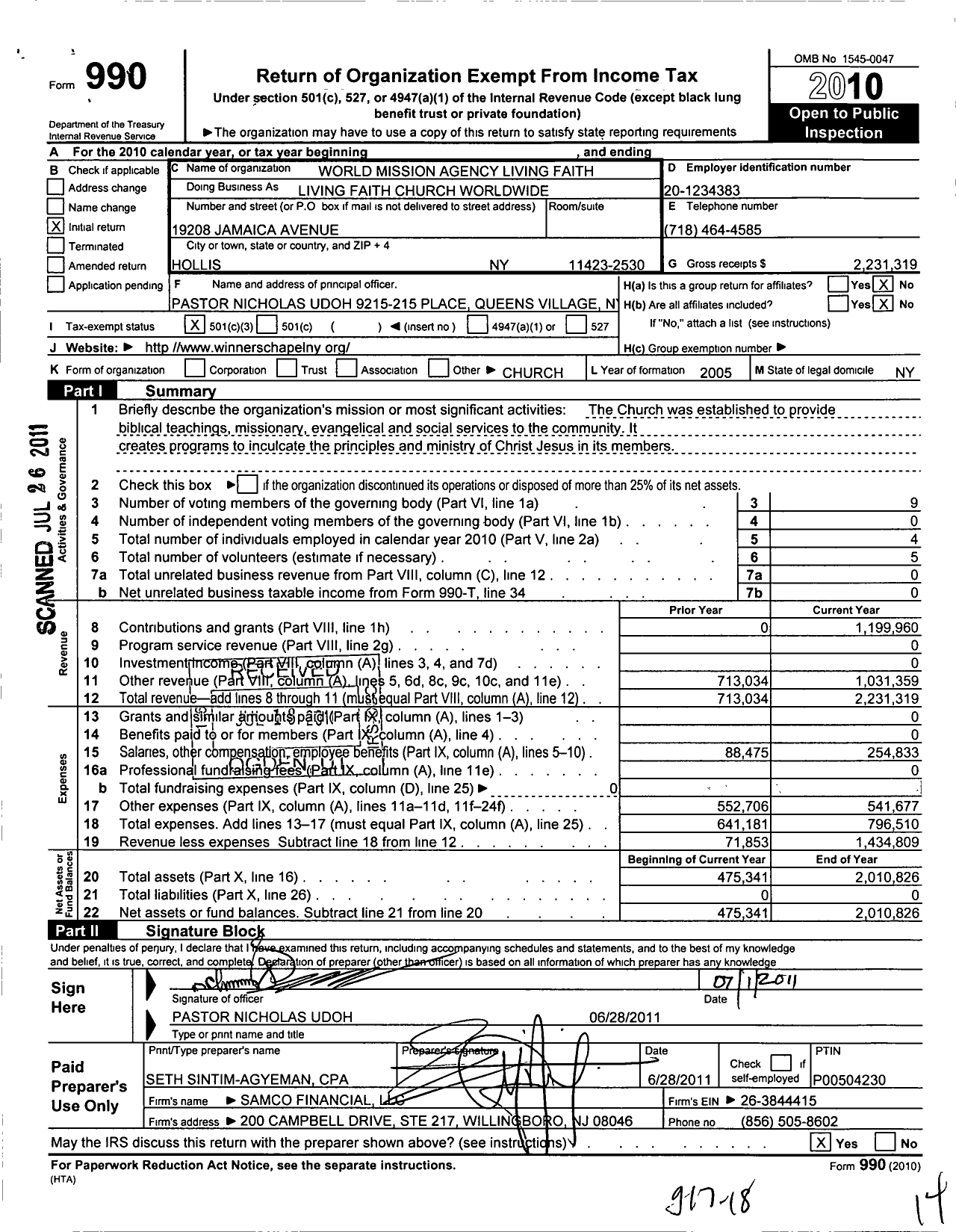 Image of first page of 2010 Form 990 for Winners Chapel International New York