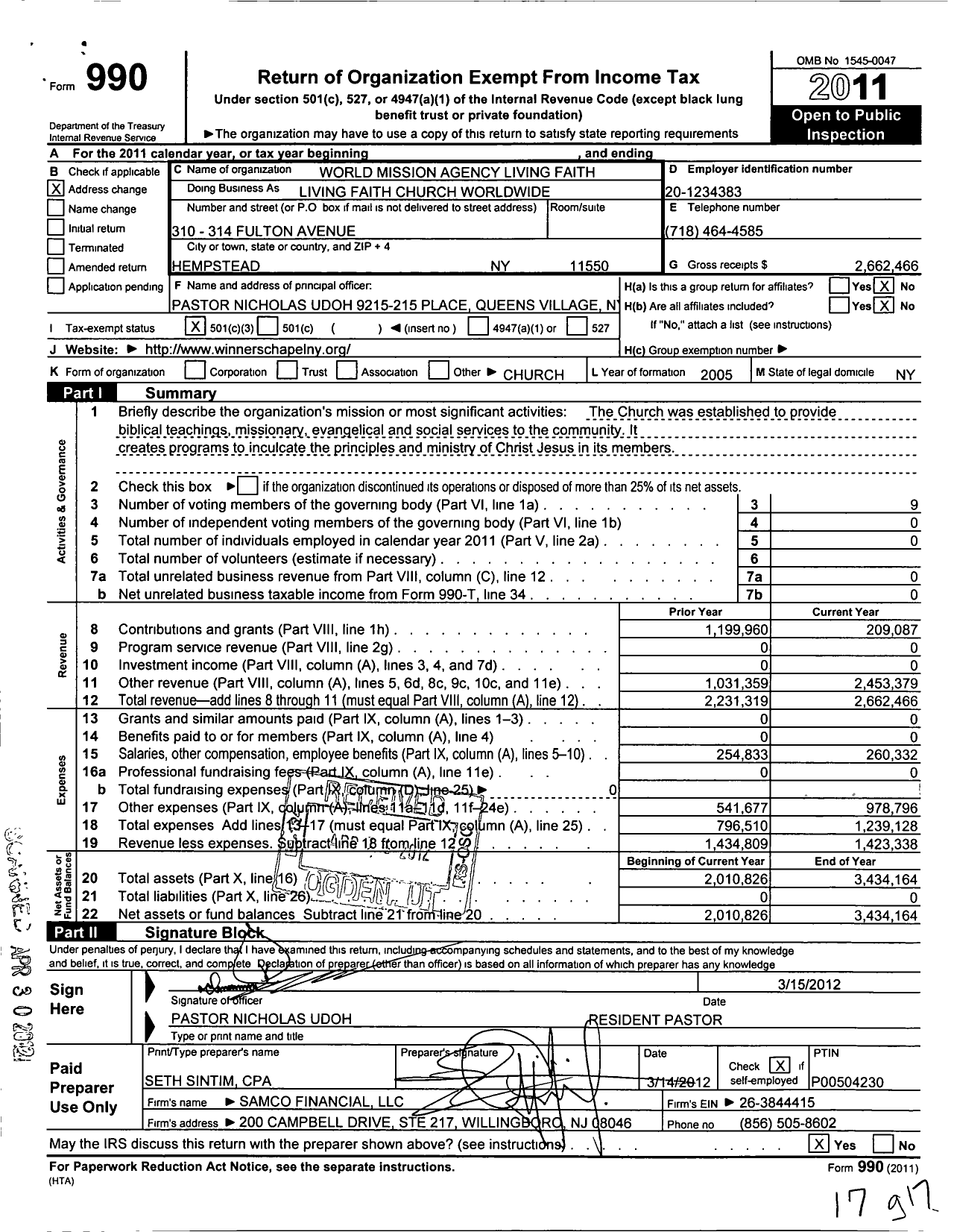 Image of first page of 2011 Form 990 for Winners Chapel International New York