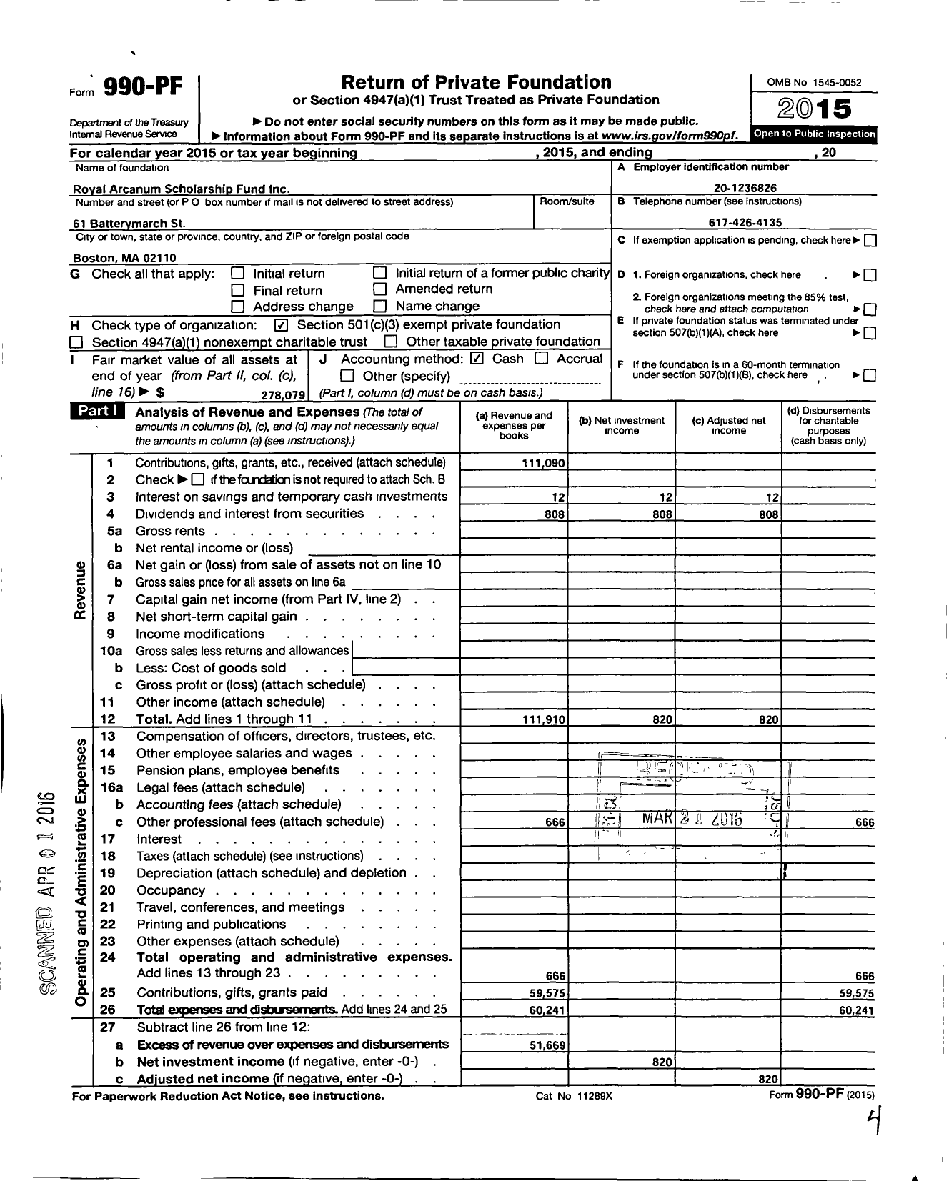 Image of first page of 2015 Form 990PF for Royal Acranum Scholarship Fund