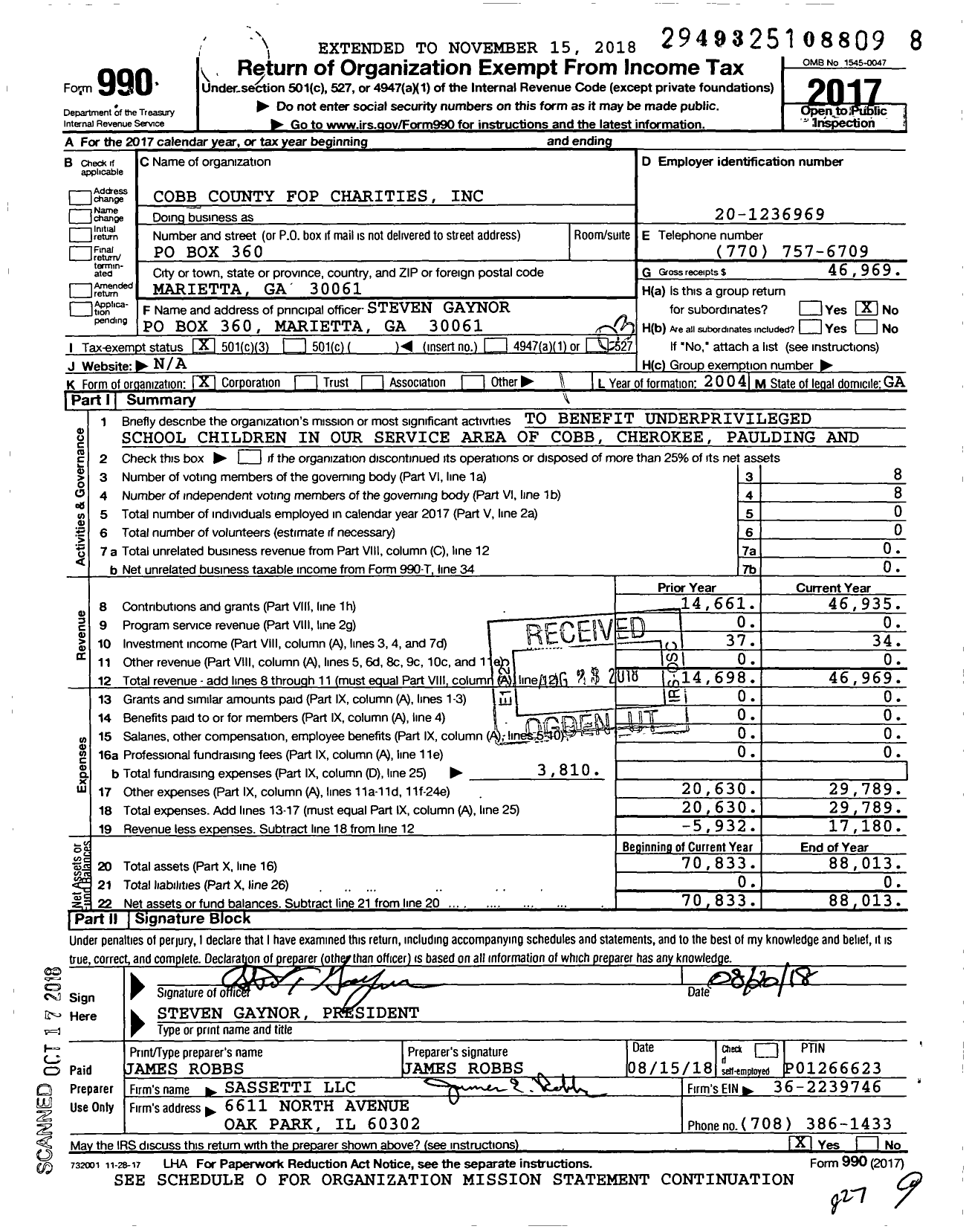 Image of first page of 2017 Form 990 for Cobb County FOP Charities