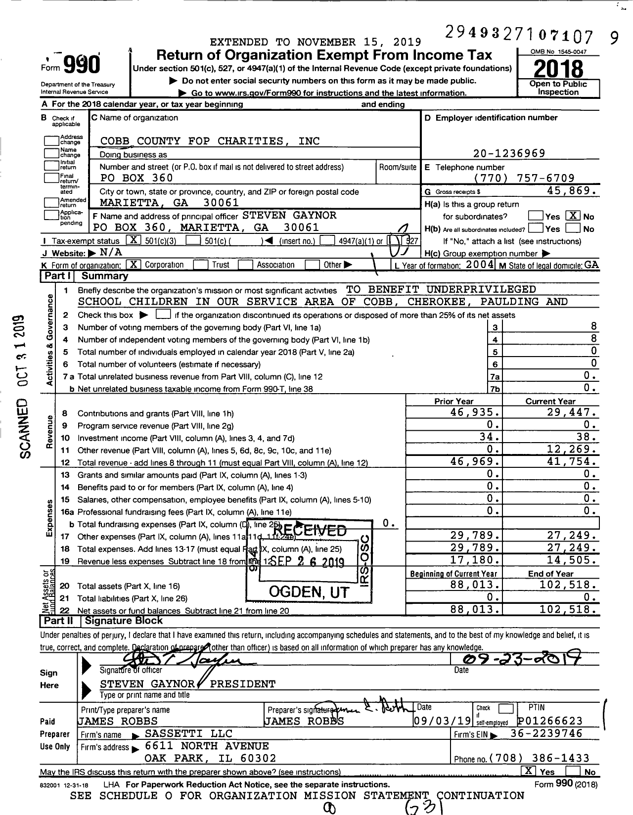 Image of first page of 2018 Form 990 for Cobb County FOP Charities