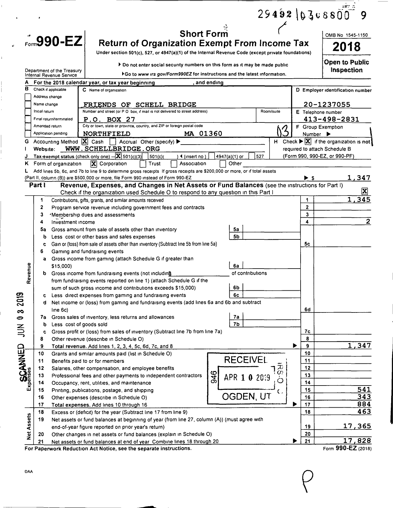 Image of first page of 2018 Form 990EZ for Friends of Schell Bridge