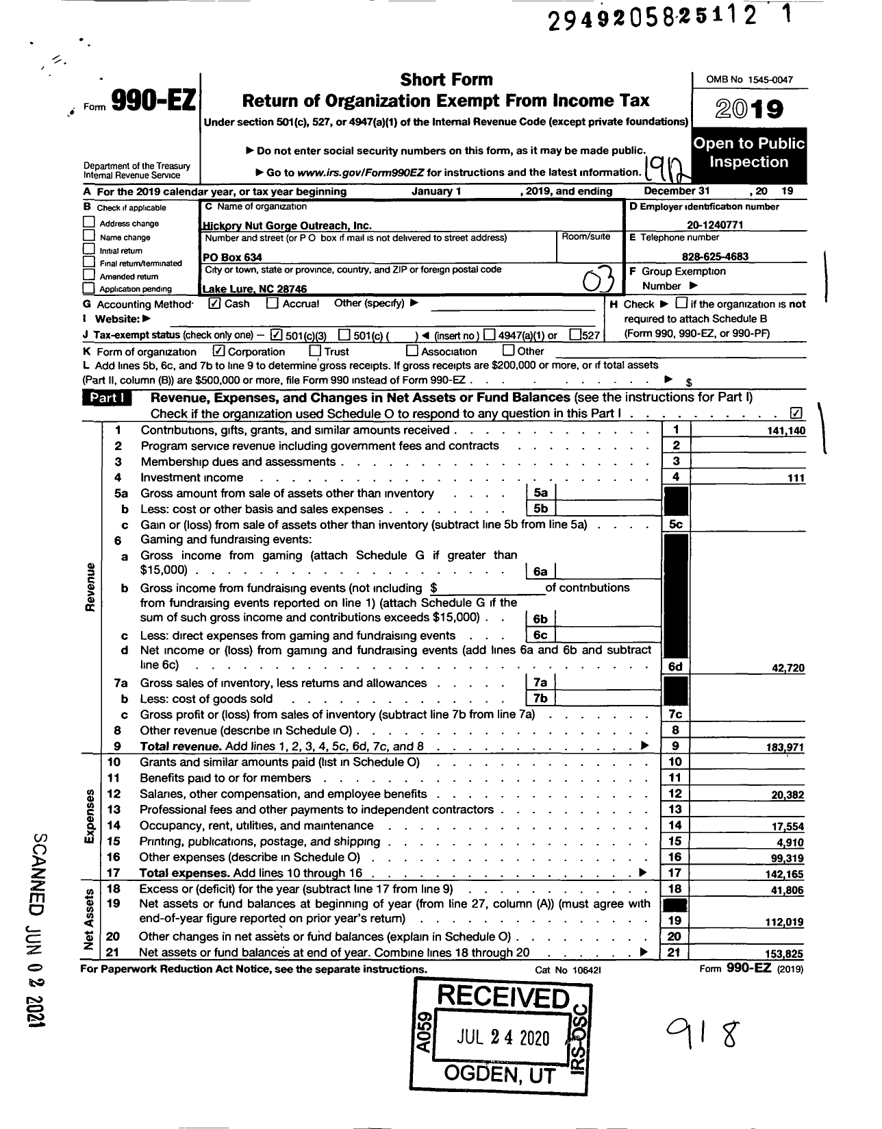 Image of first page of 2019 Form 990EZ for Hickory Nut Gorge Outreach