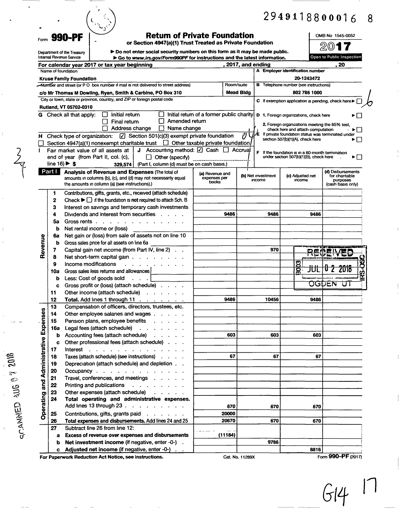 Image of first page of 2017 Form 990PF for Kruse Family Foundation / Kruse Frederic H Ttee