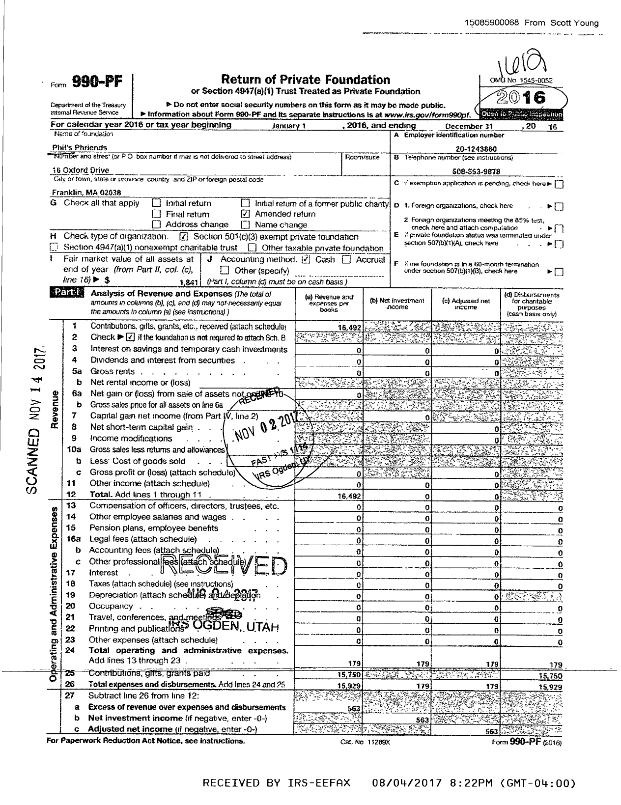 Image of first page of 2016 Form 990PF for Phils Phriends