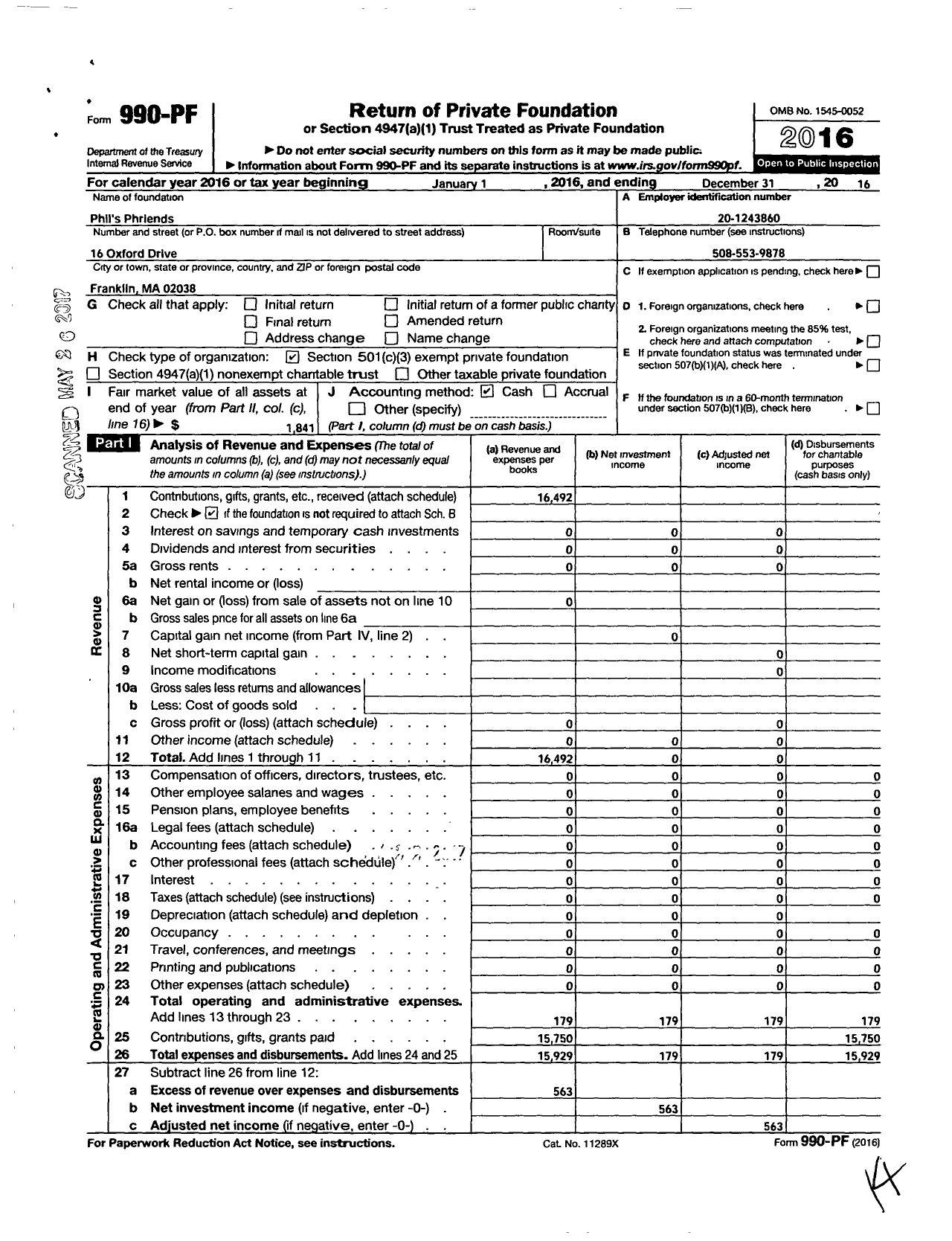 Image of first page of 2016 Form 990PF for Phils Phriends