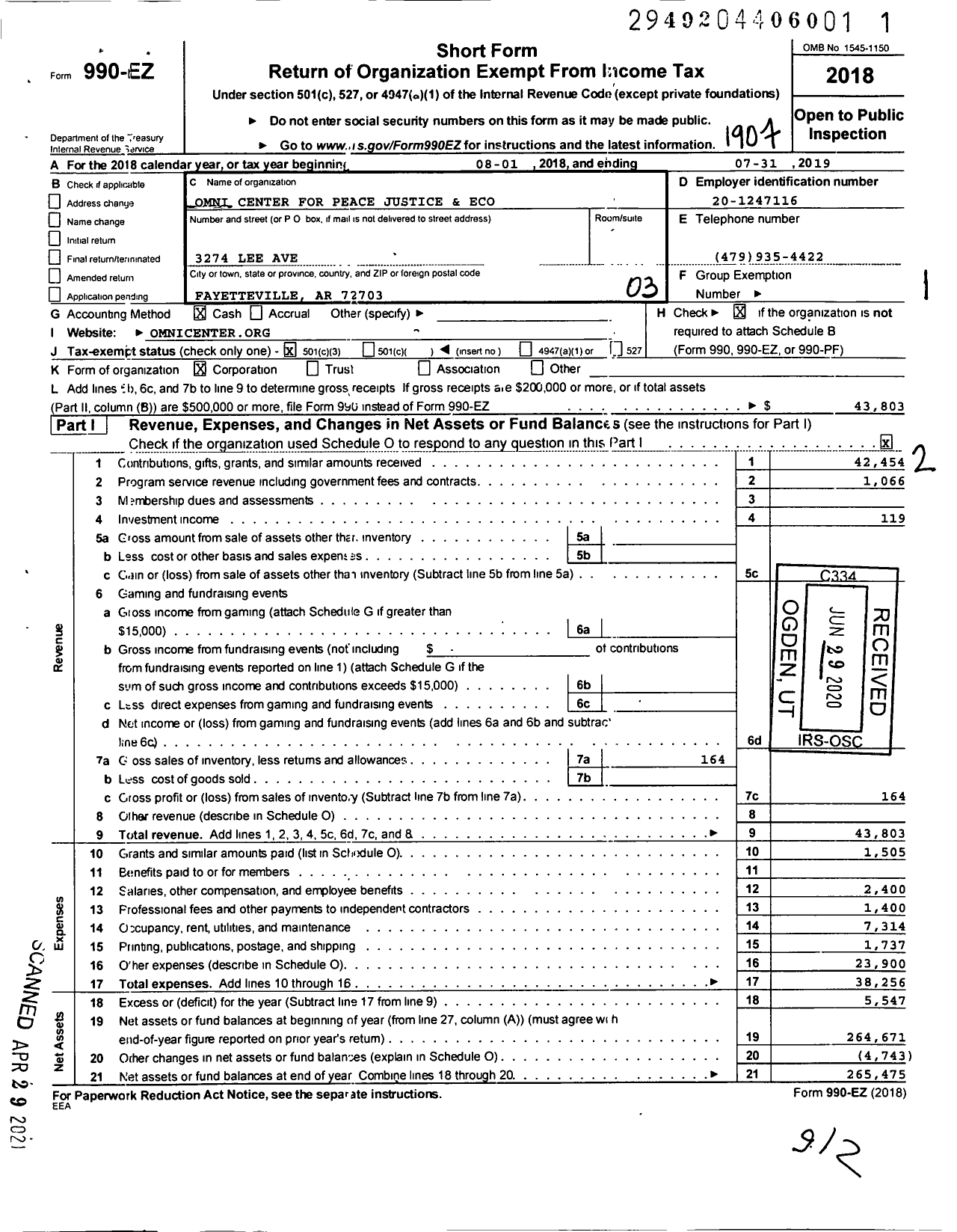 Image of first page of 2018 Form 990EZ for Omni Center for Peace Justice and Eco