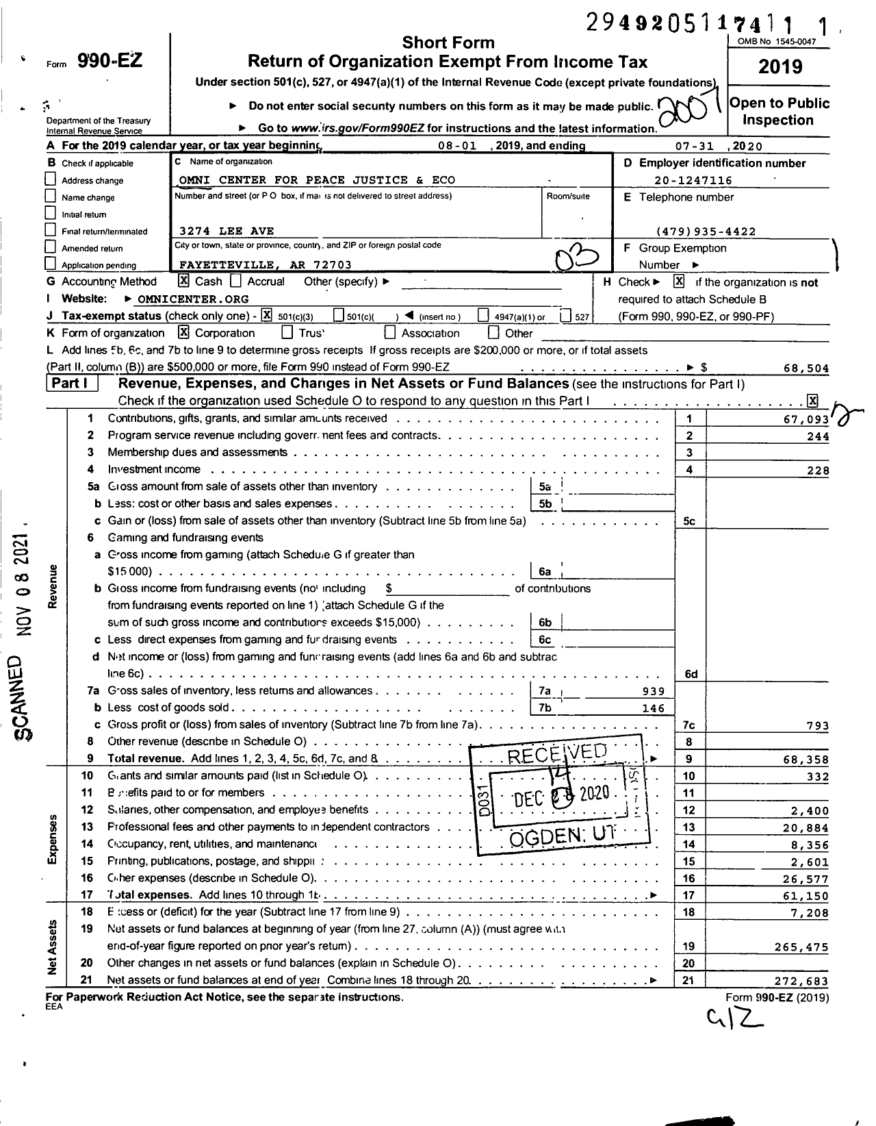 Image of first page of 2019 Form 990EZ for Omni Center for Peace Justice and Eco