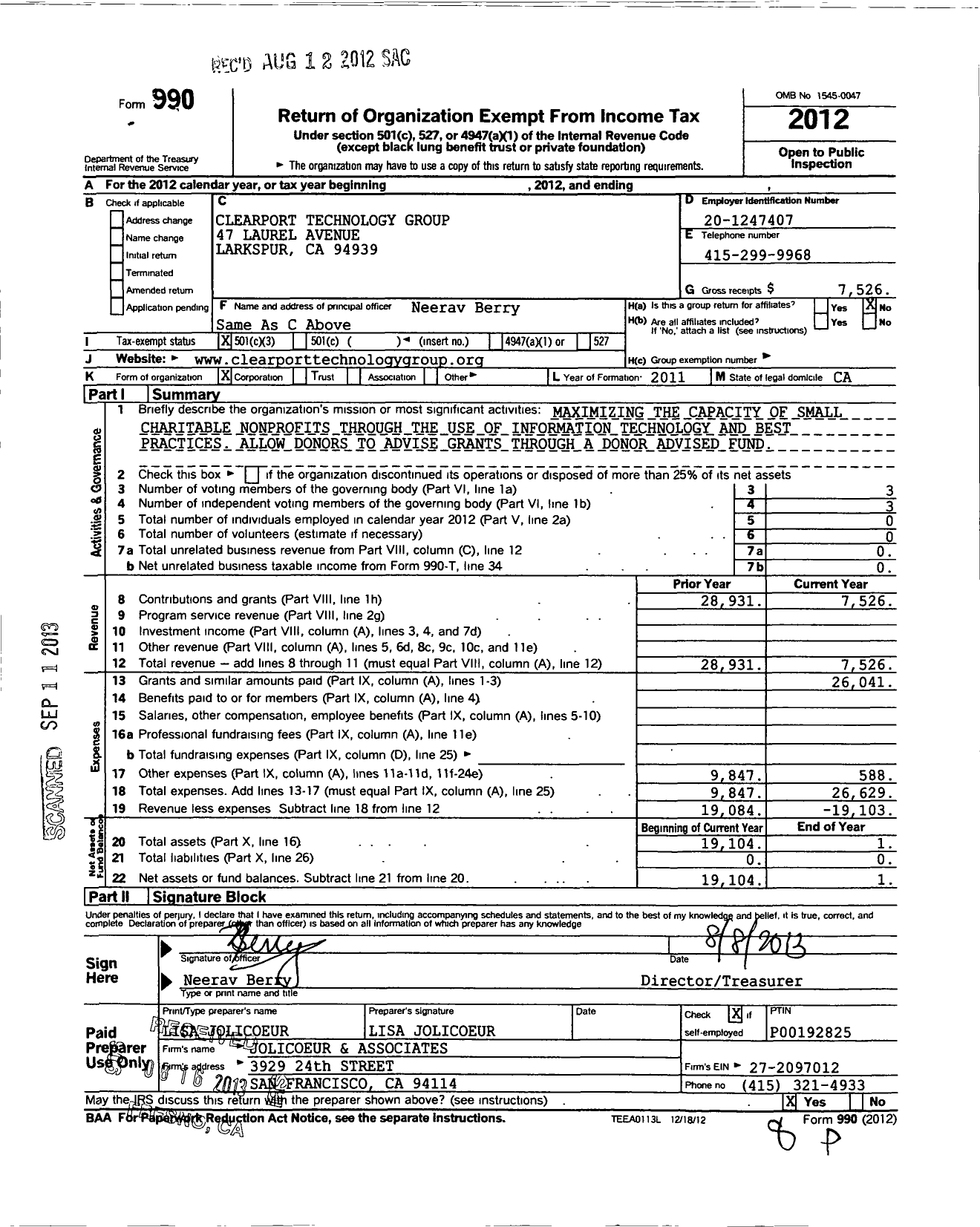 Image of first page of 2012 Form 990 for Clearport Technology Group