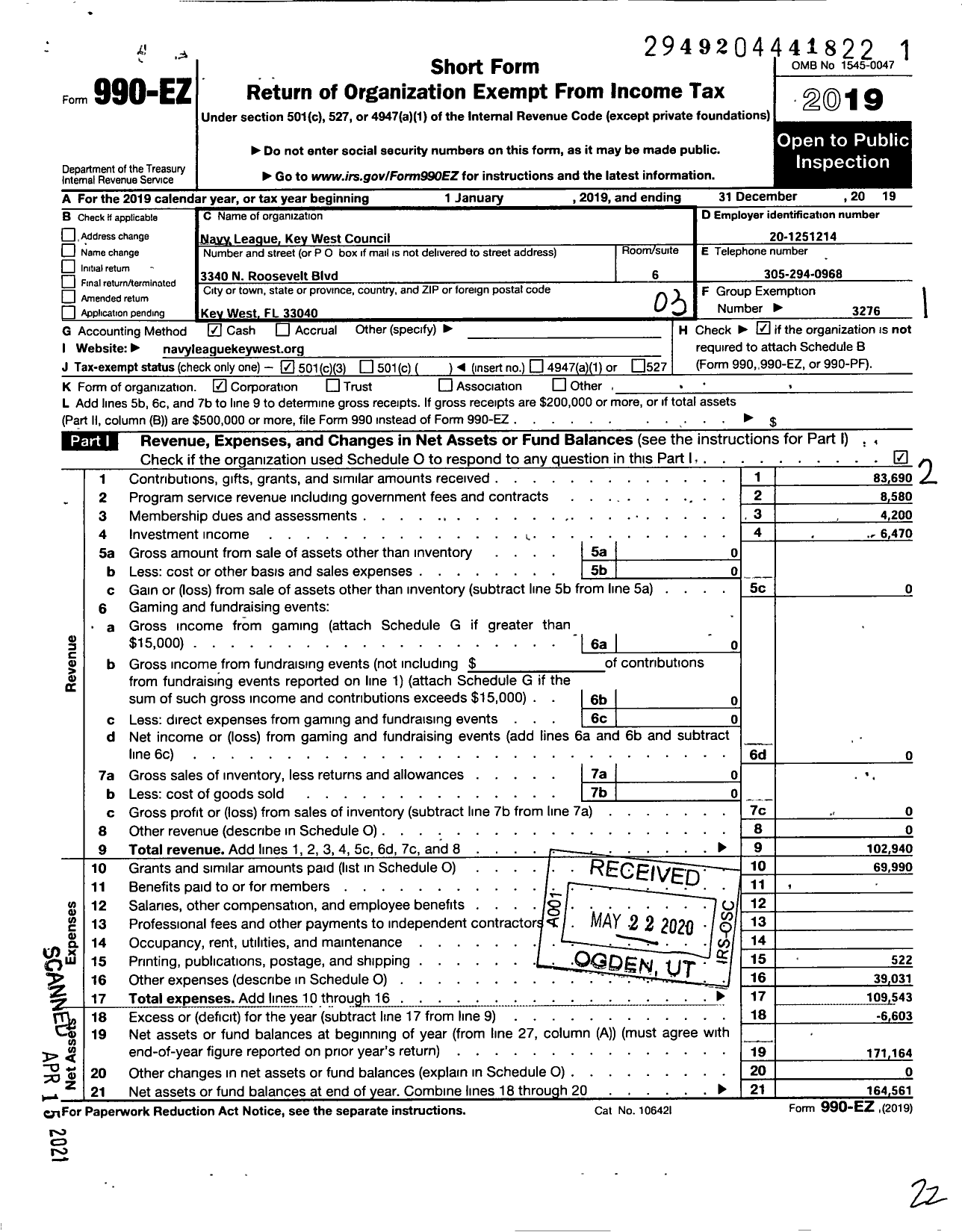 Image of first page of 2019 Form 990EZ for Navy League of the United States Key West Council