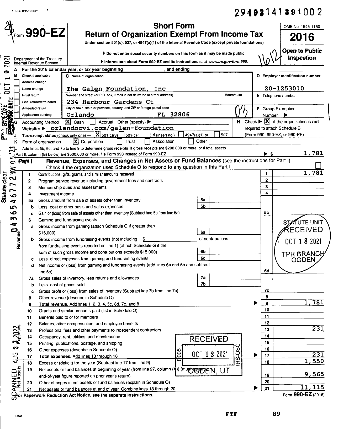 Image of first page of 2016 Form 990EZ for The Galen Foundation