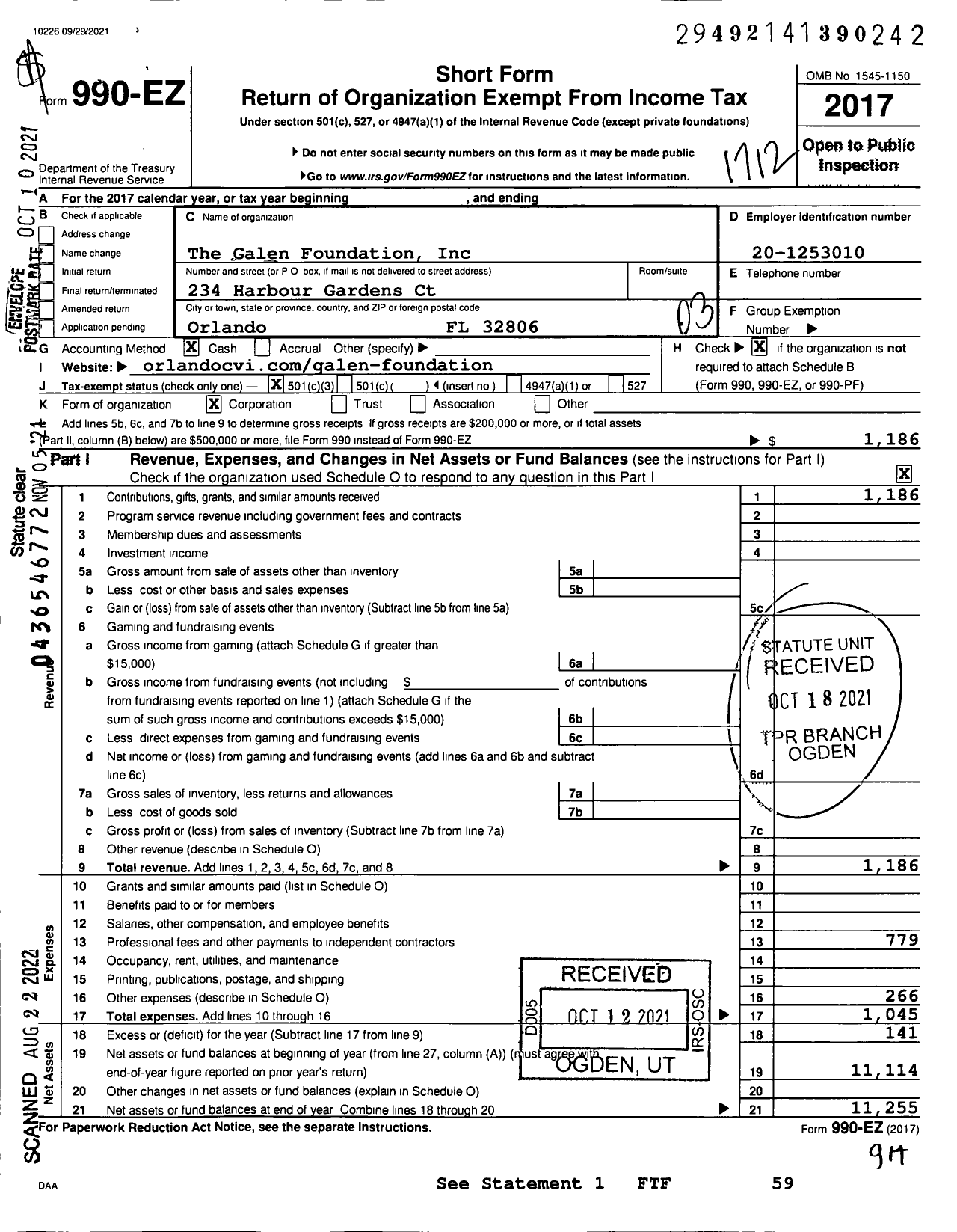 Image of first page of 2017 Form 990EZ for The Galen Foundation