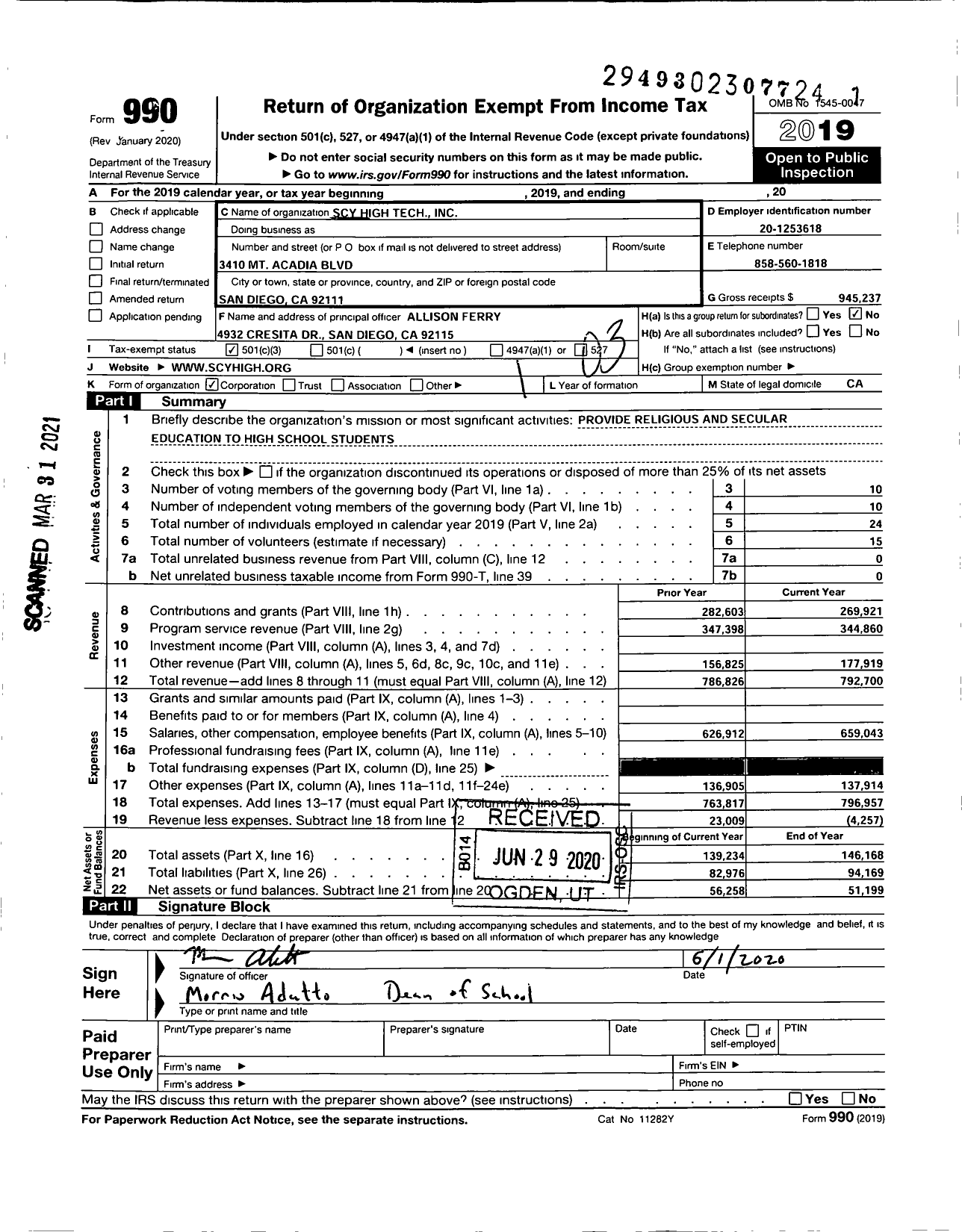 Image of first page of 2019 Form 990 for Scy High Tech