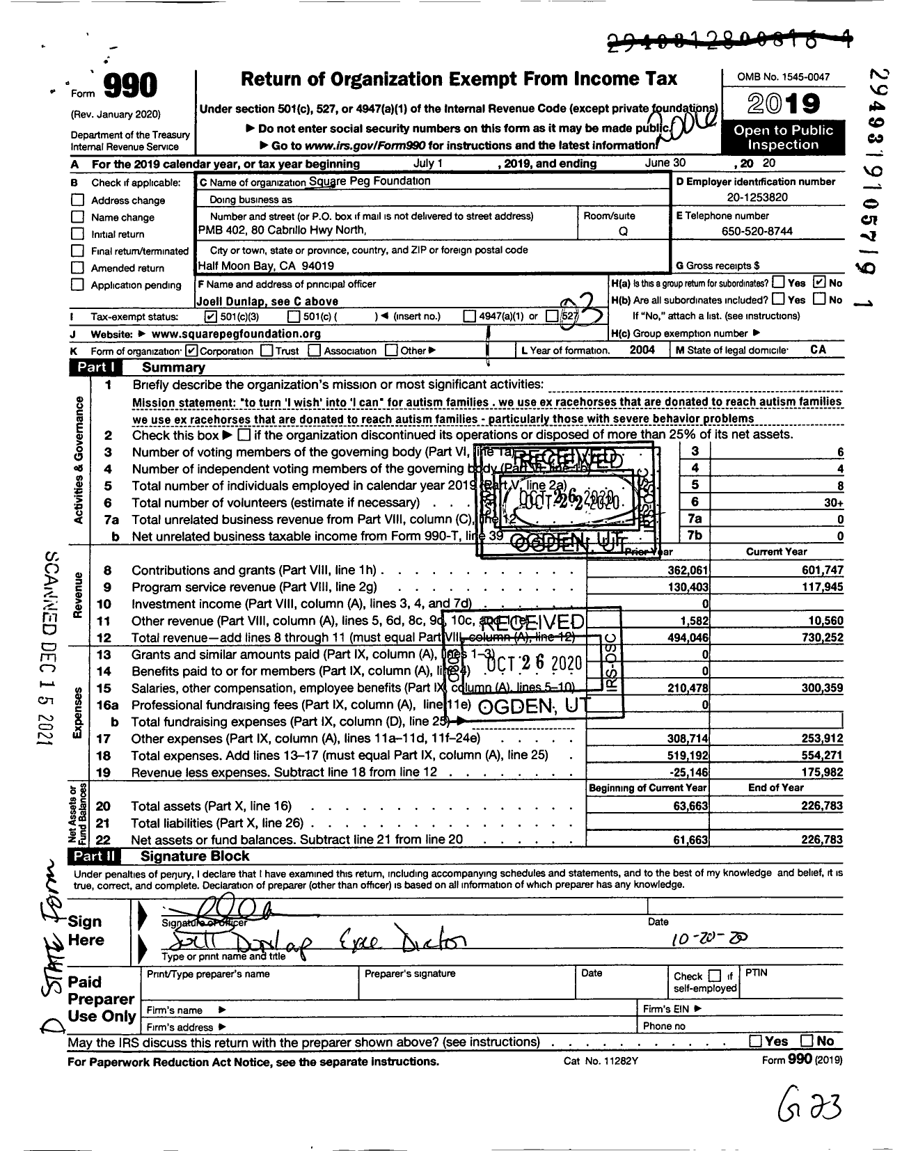 Image of first page of 2019 Form 990 for Square Peg Foundation