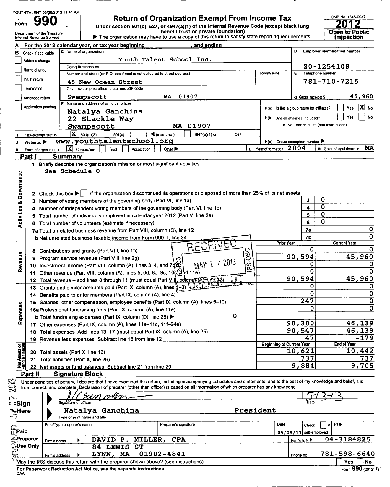 Image of first page of 2012 Form 990 for Youth Talent School