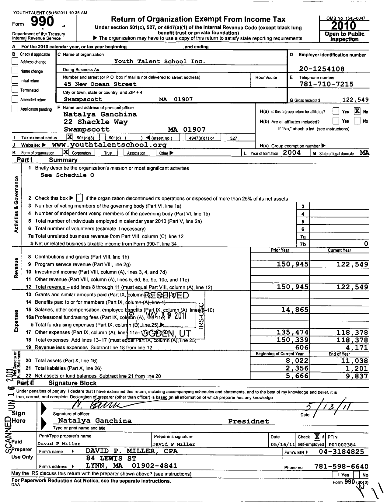 Image of first page of 2010 Form 990 for Youth Talent School