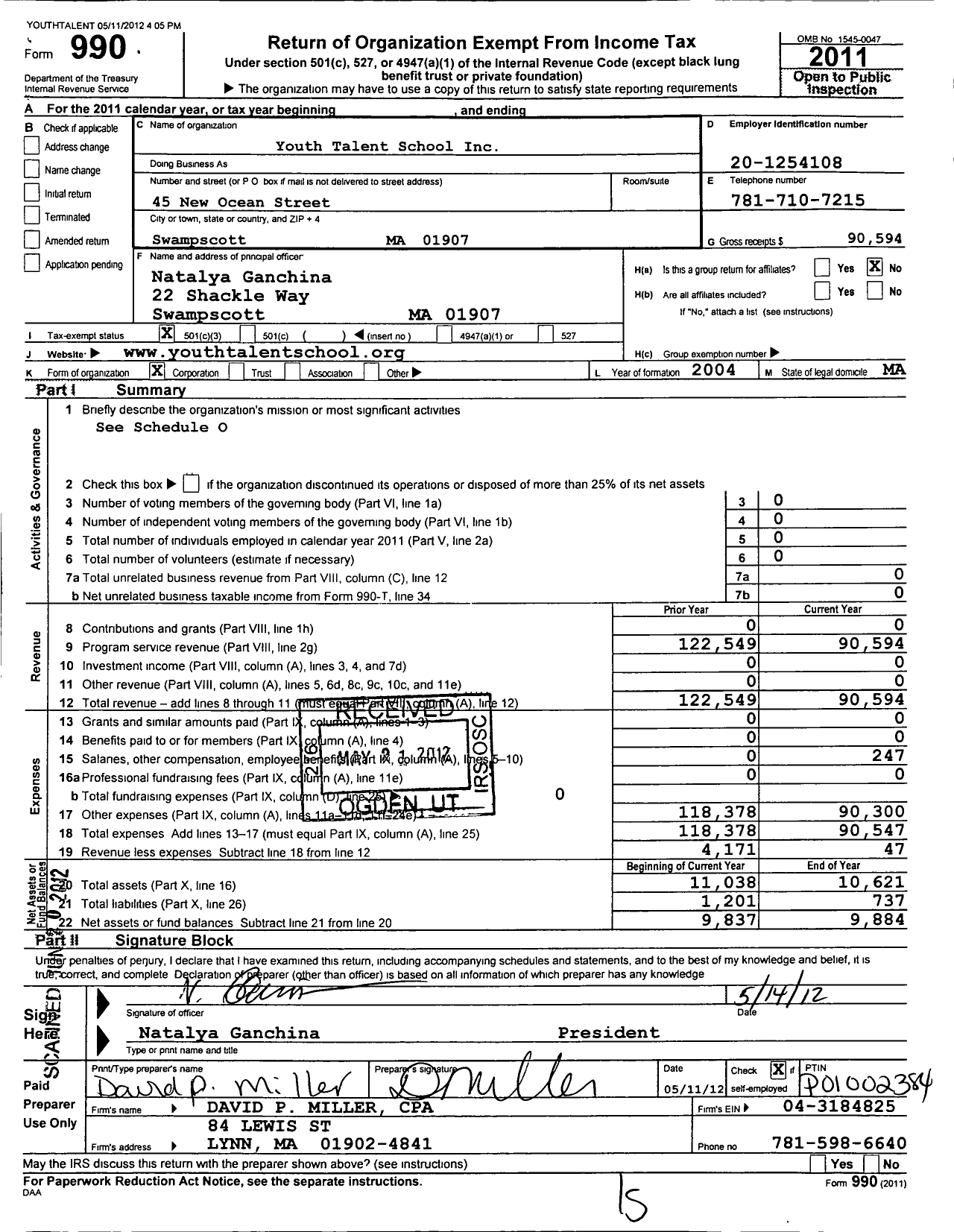 Image of first page of 2011 Form 990 for Youth Talent School