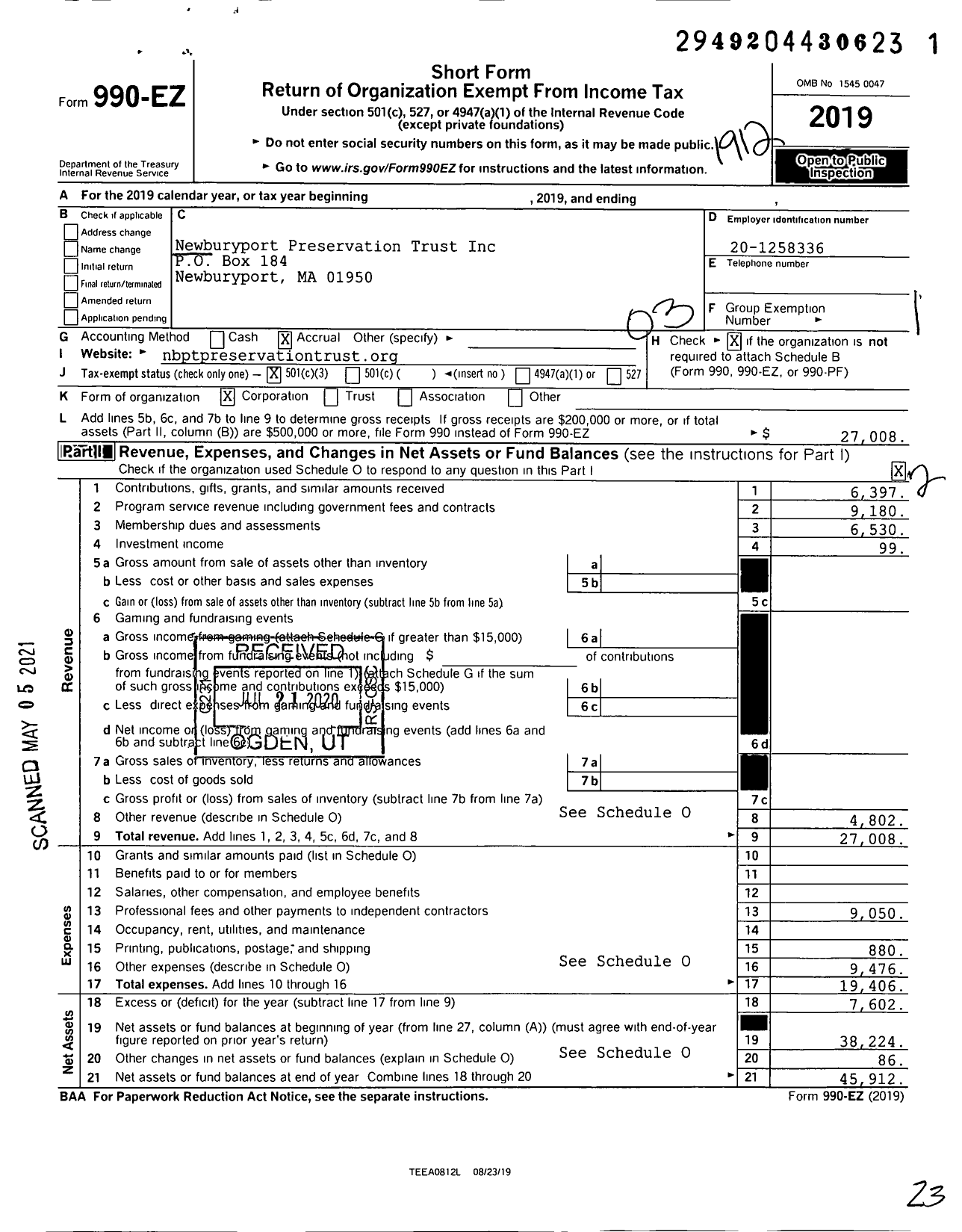 Image of first page of 2019 Form 990EZ for Newburyport Preservation Trust